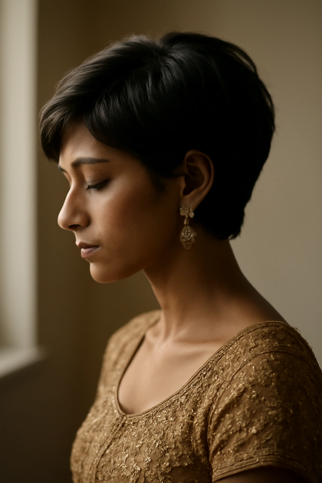 10 Beautiful Short Hairstyles for Indian Weddings 11 Silhouette of a woman with short hair in a contemplative pose