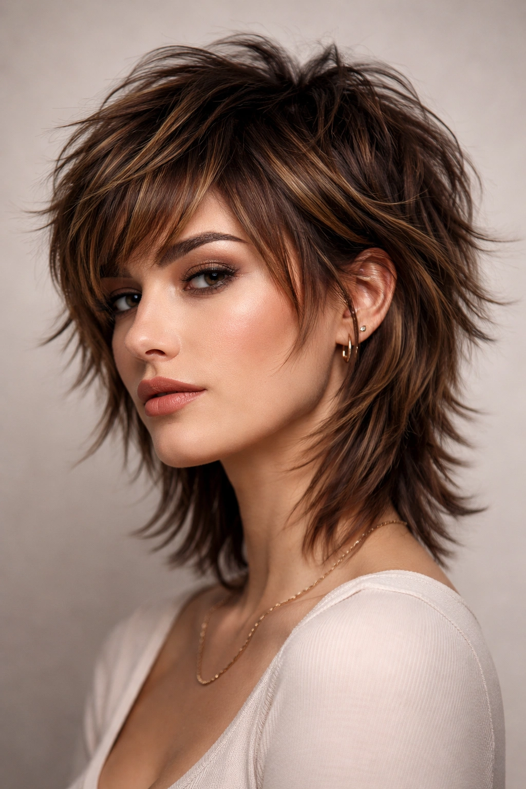Close up of a model with short wolf cut and caramel highlights, showing textured layers