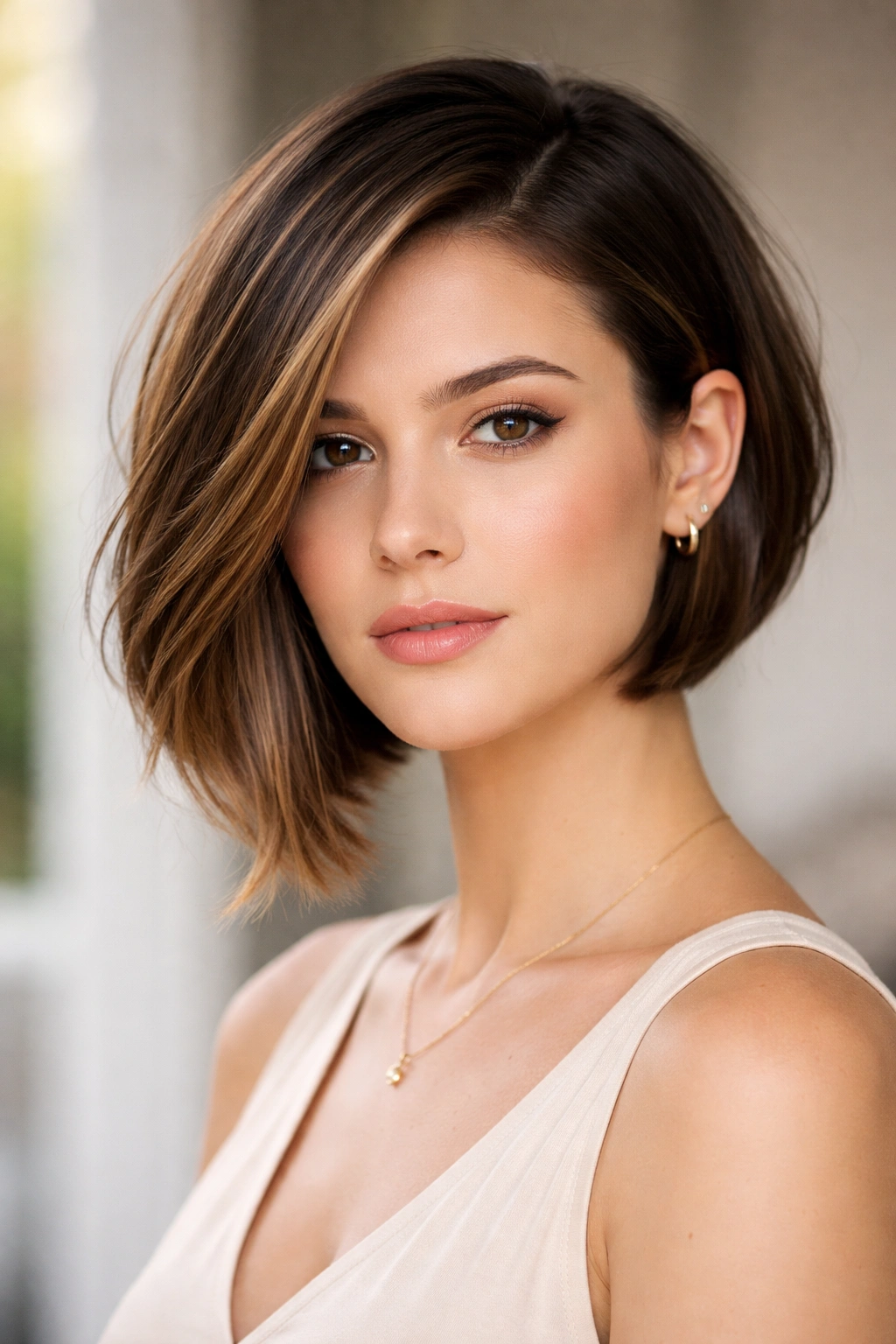 25 Short Haircuts Matched To Your Face Shape 6 Oblong-faced model with an asymmetrical bob showing width from side-to-side