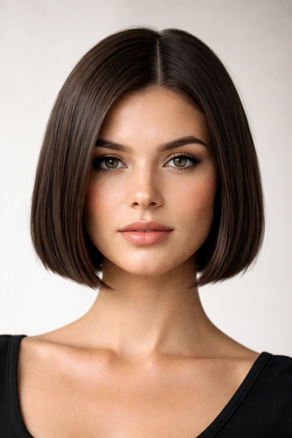 25 Short Haircuts Matched To Your Face Shape 2 Portrait of a person with an ear-length blunt crop bob on a square-face