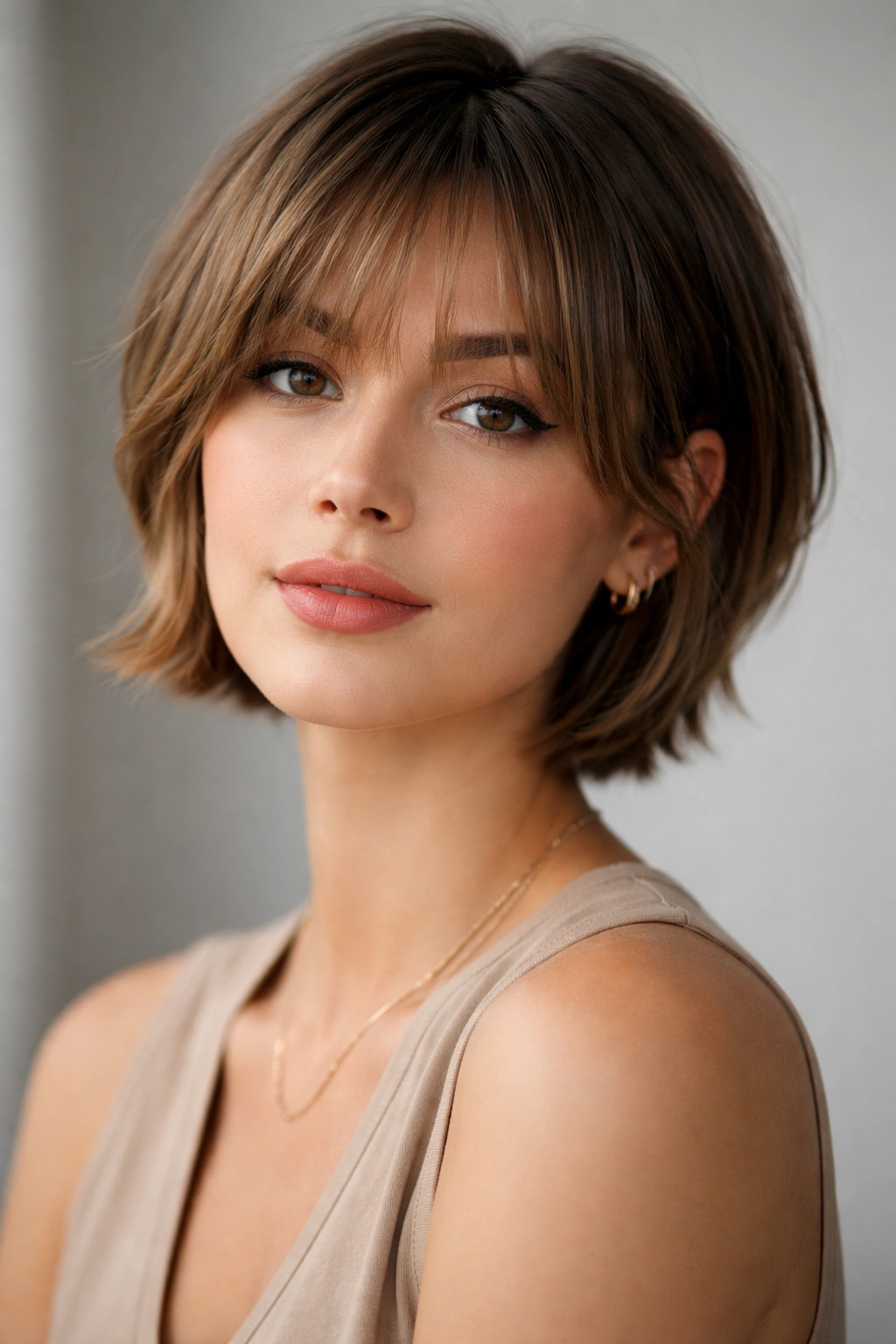 Portrait of a person with a short haircut and curtain bangs in a neutral studio setting