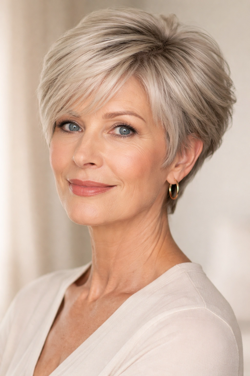 Portrait of woman with lifted short hairstyle showing root volume