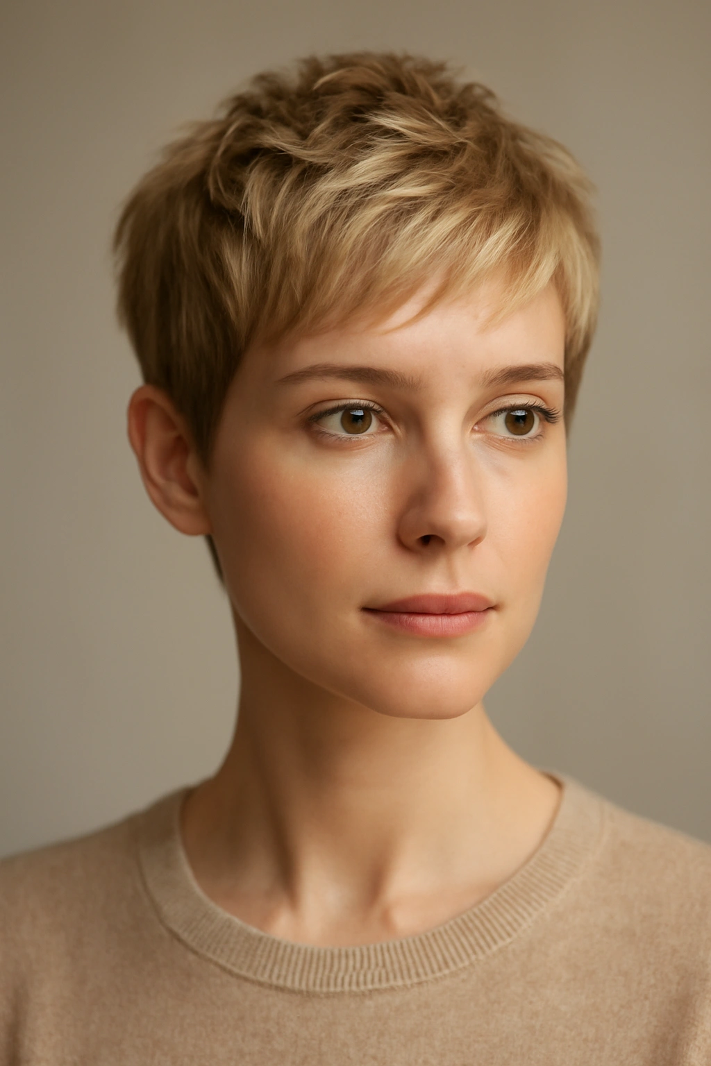 12 Short Haircuts That Work on Baby Fine Hair 13 Close-up portrait of a person with a textured short haircut for fine hair in a neutral studio