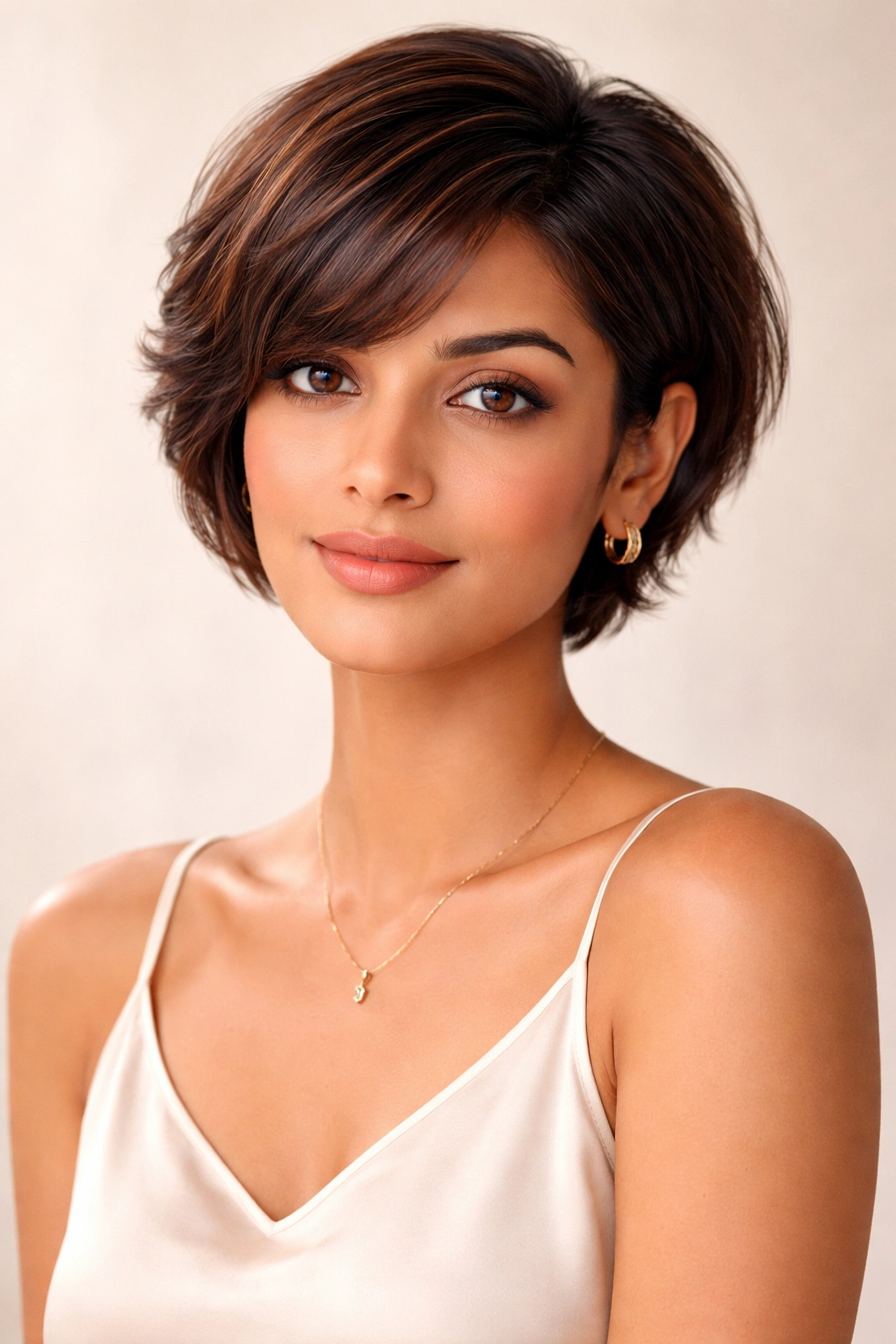 Portrait of an Indian woman with a chic short haircut in a neutral studio backdrop
