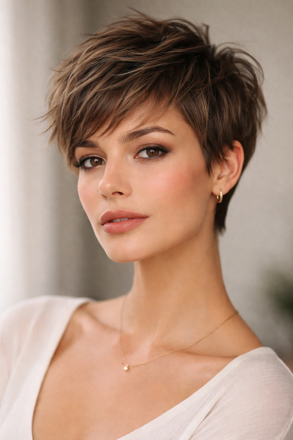 25 Short Haircuts Matched To Your Face Shape 1 Close-up portrait of a model with a textured pixie haircut for oval faces, highlighting cheekbones and texture