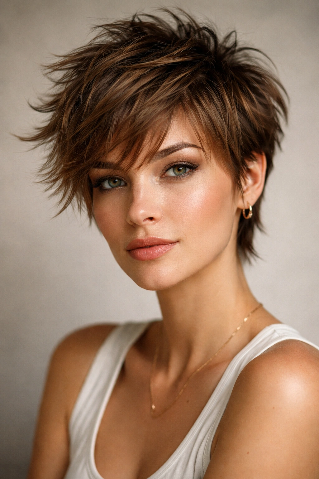 25 Short Haircuts Matched To Your Face Shape 5 Diamond-faced model with a pixie-shag hybrid hairstyle featuring longer top layers