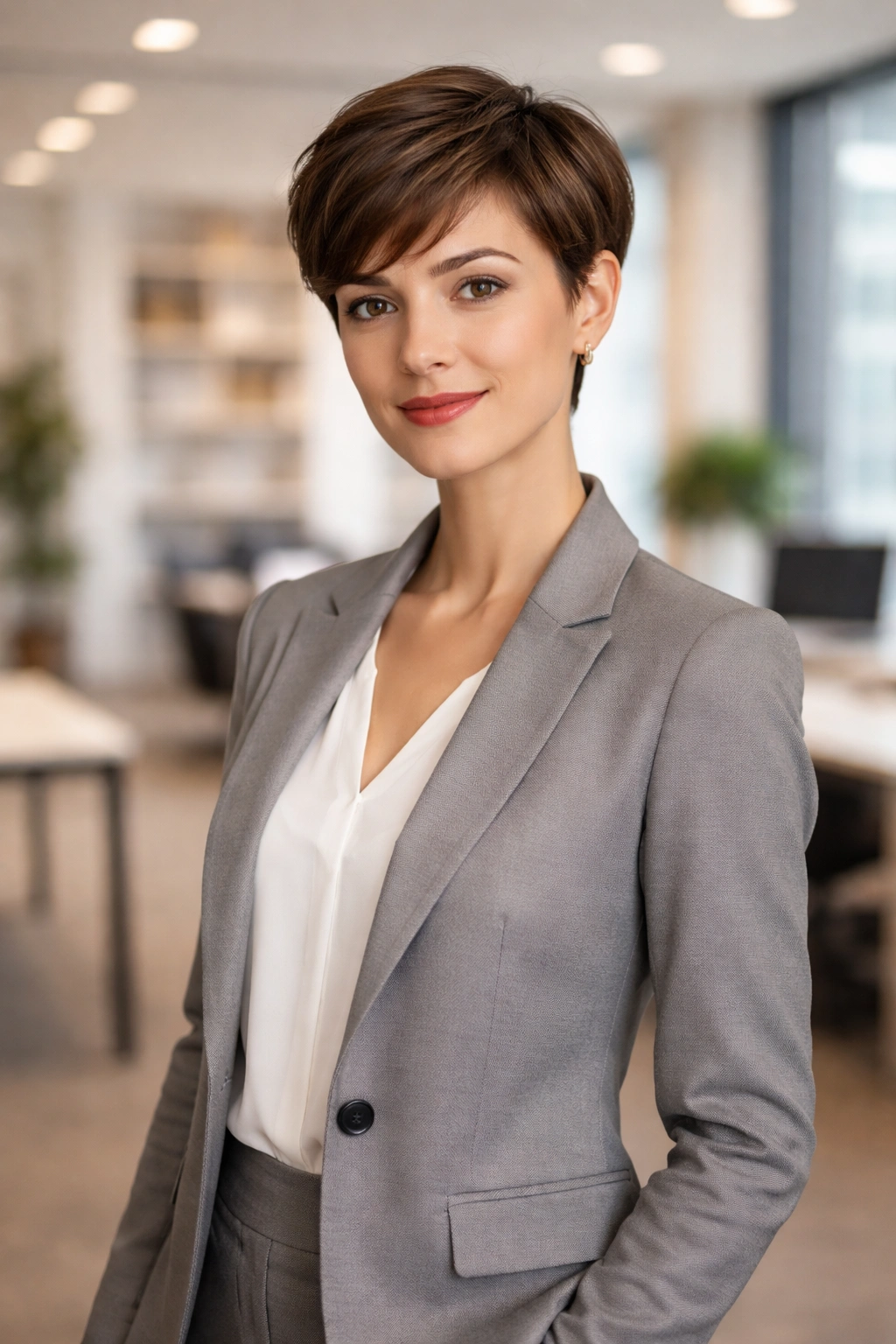 Professional person with short haircut in an office setting, illustrating professional appearance.