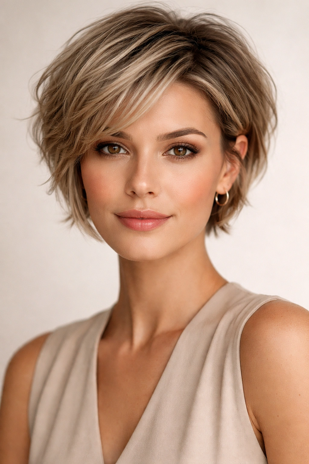 Portrait suggesting choosing a short hairstyle to suit texture and lifestyle