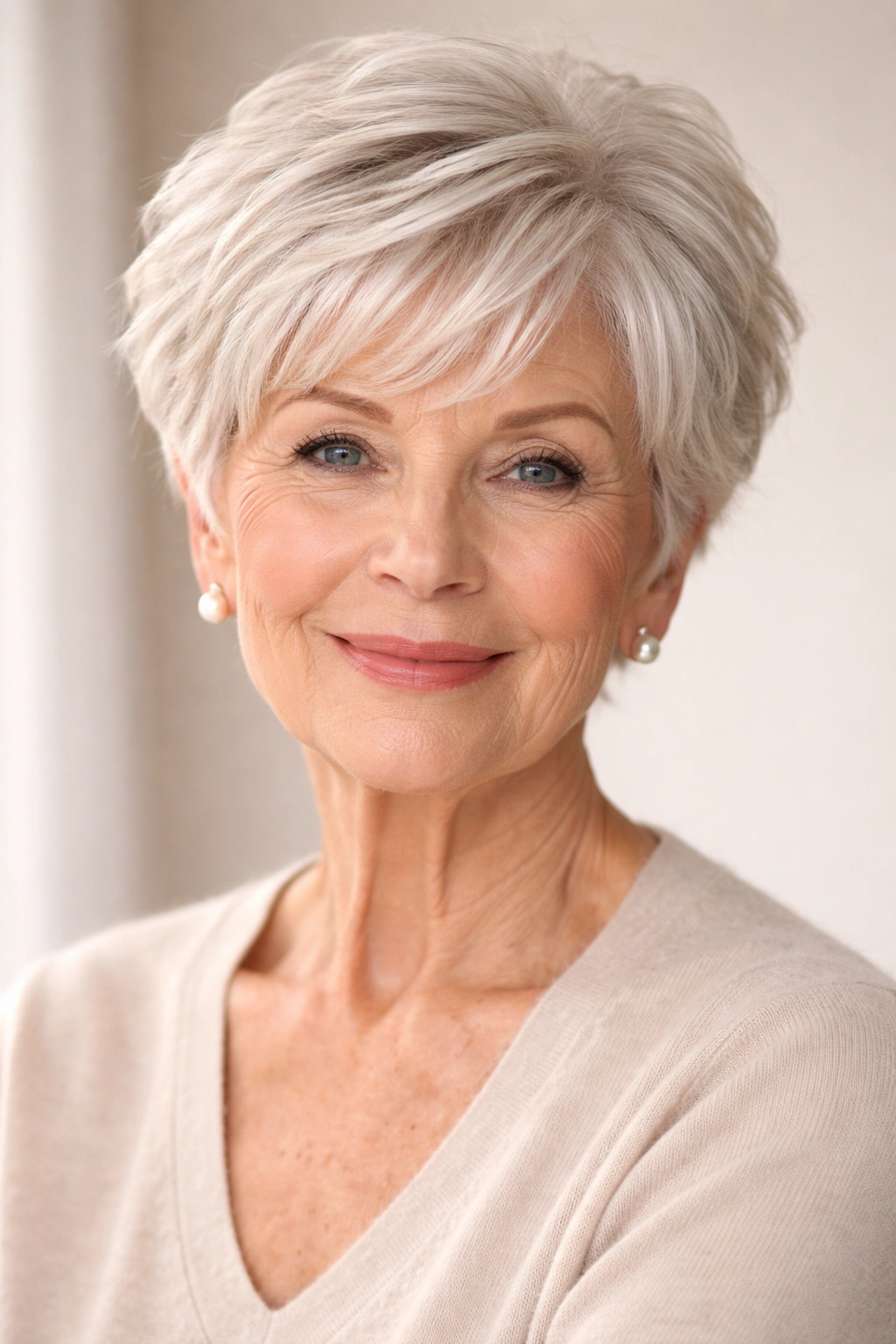 Portrait of an older woman with a versatile short hairstyle showing texture and shape
