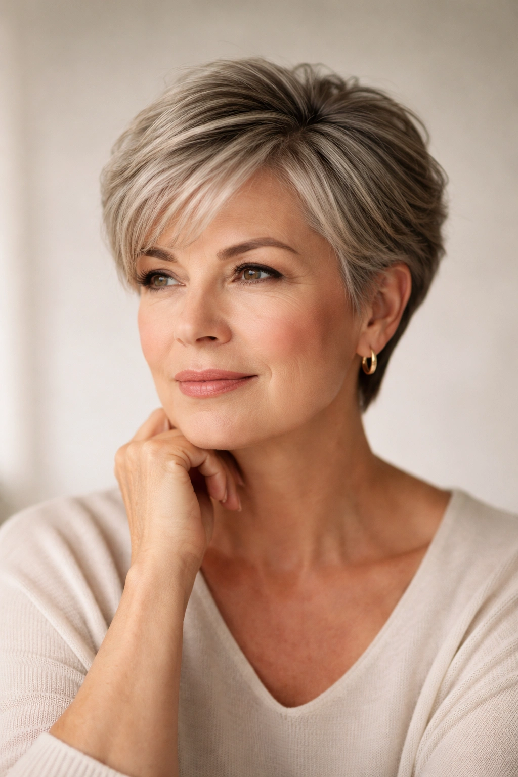 Portrait of a mature person with a short flattering haircut for a round face in a studio setting