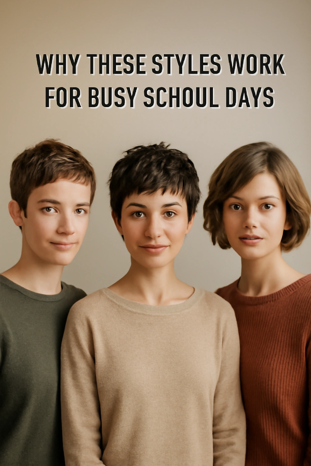 10 Easy Short Hairstyles Perfect for School Days 1 Diverse short hairstyles lineup in a studio portrait focusing on pixie, textured crop, and layered bob