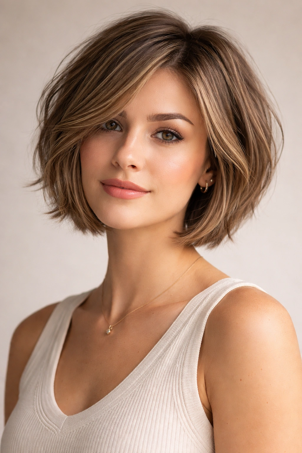Head-and-shoulders portrait of a short layered bob with movement