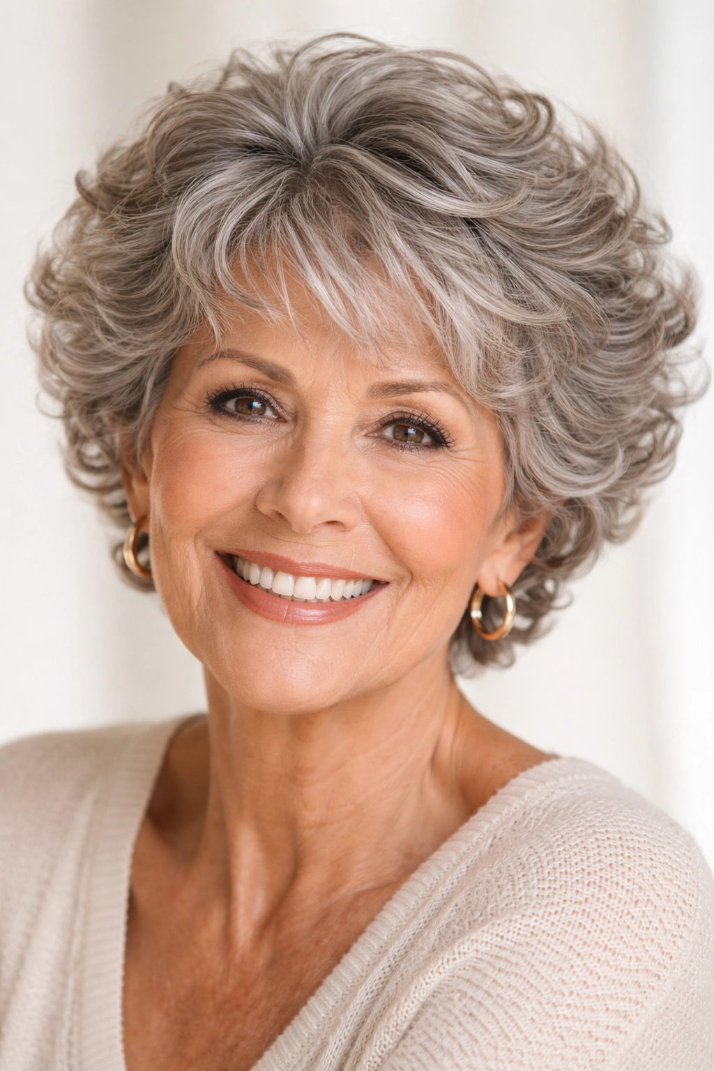 Mature woman with short layered curls showing lift