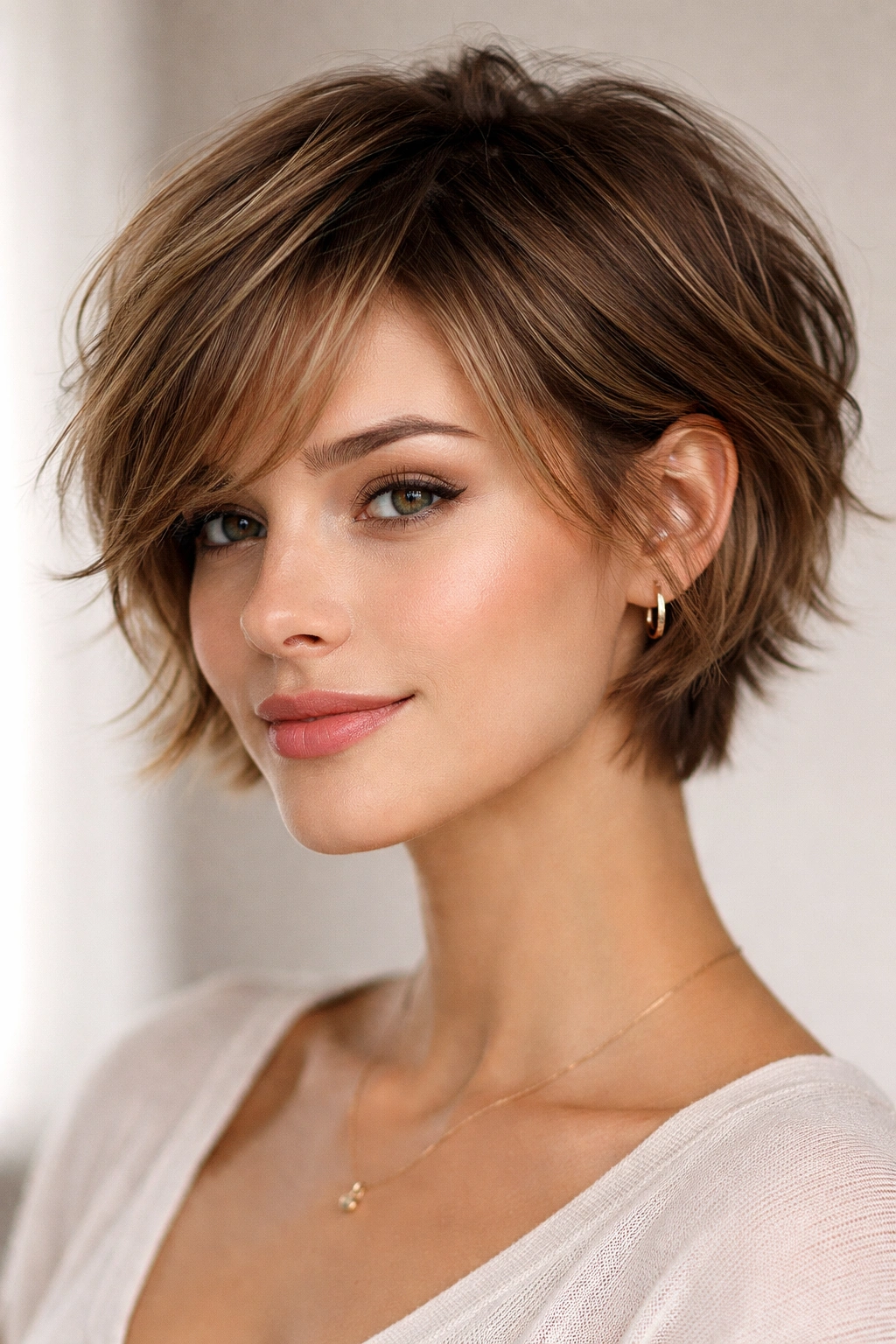 30 Short Haircuts That Flatter Almost Every Woman 29 Portrait of a person with a short layered cut around ear length showing movement.