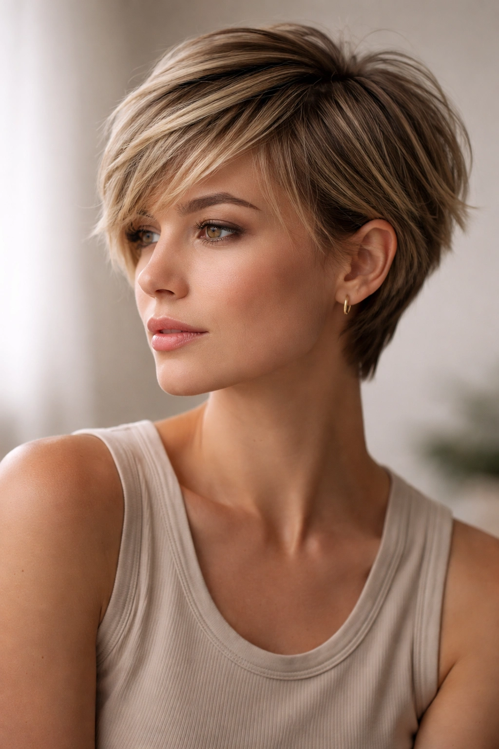 Portrait of a person with a short layered haircut showing volume and texture in studio lighting