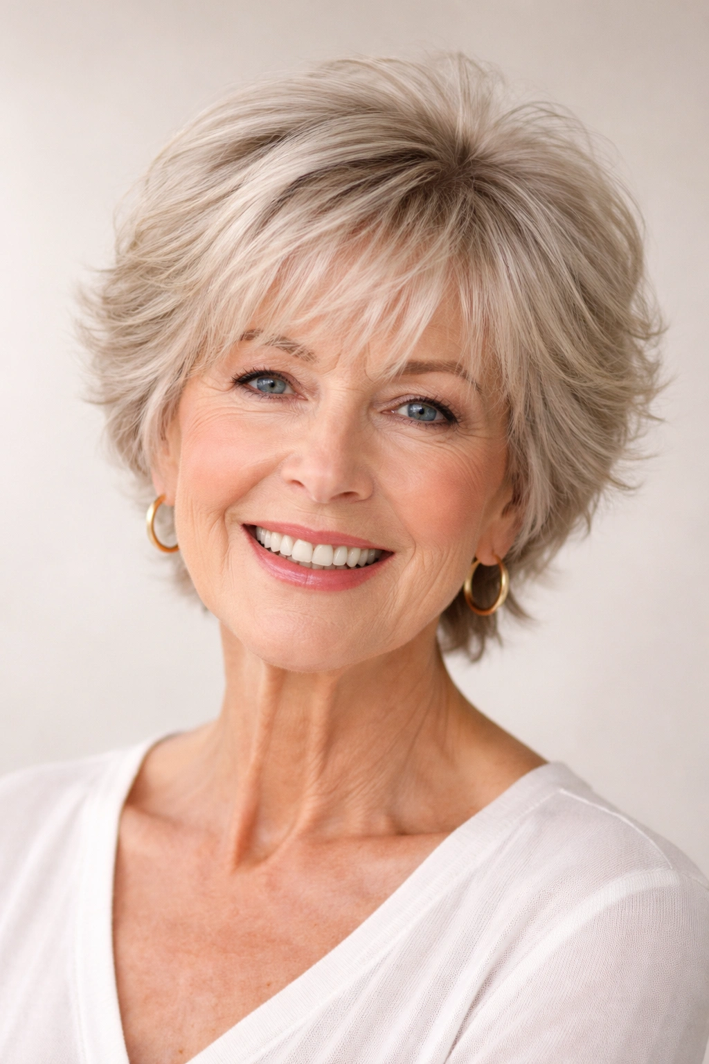 Short layered cut with wispy fringe and airy texture on blonde hair
