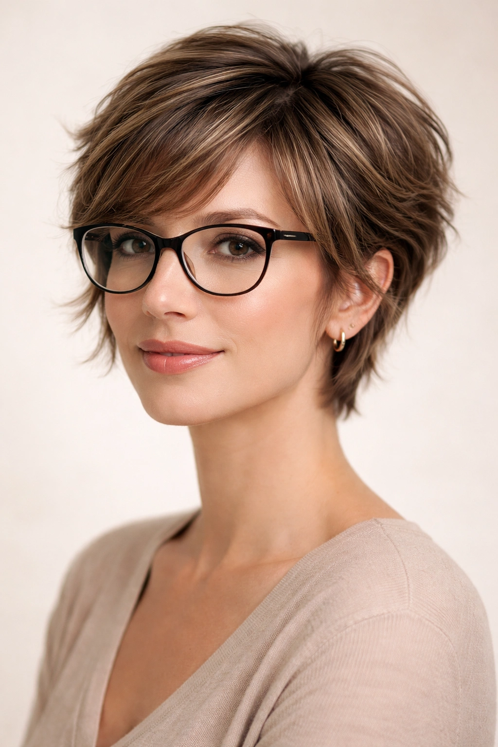 Shorter layered hair with minimal bangs wearing glasses