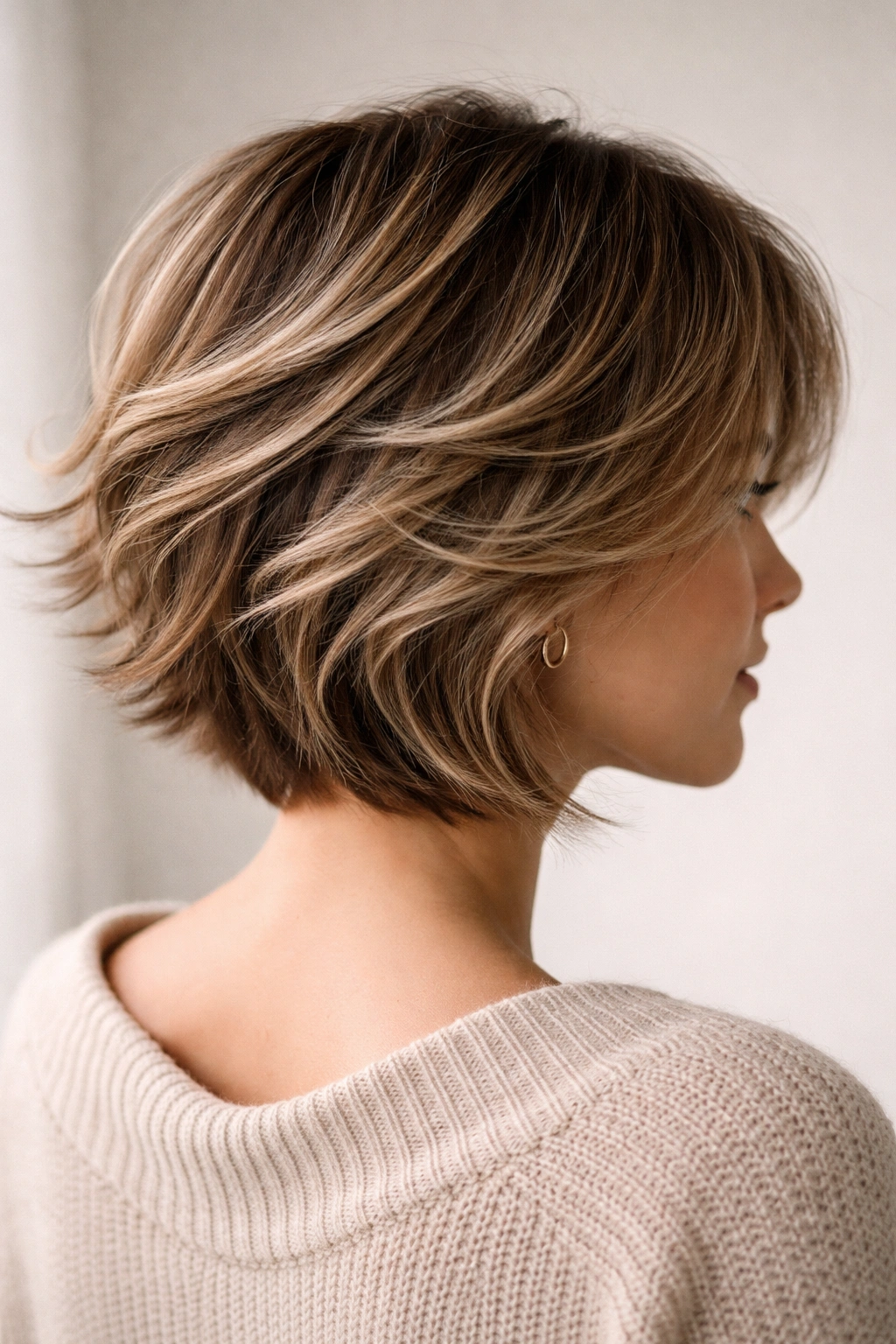 Close-up image of a short layered haircut with flowing long layers in a neutral studio setting