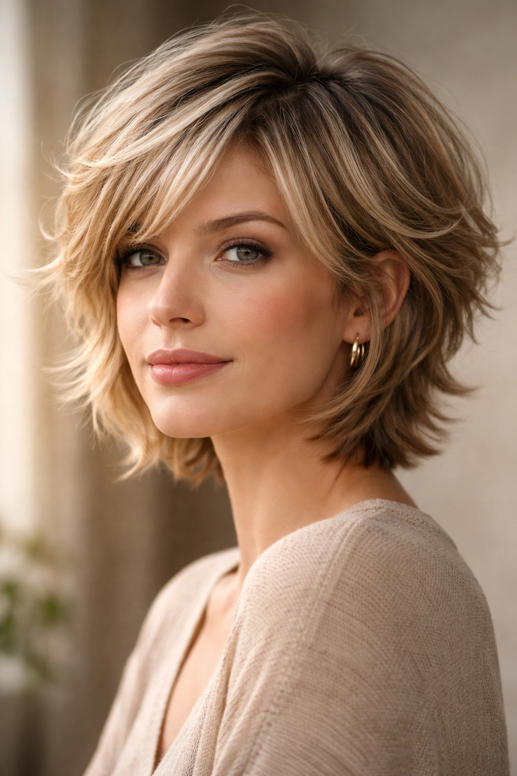 12 Short Layered Cuts For Added Volume And Shape 13 Close-up portrait of a person with a short layered haircut showing volume and texture