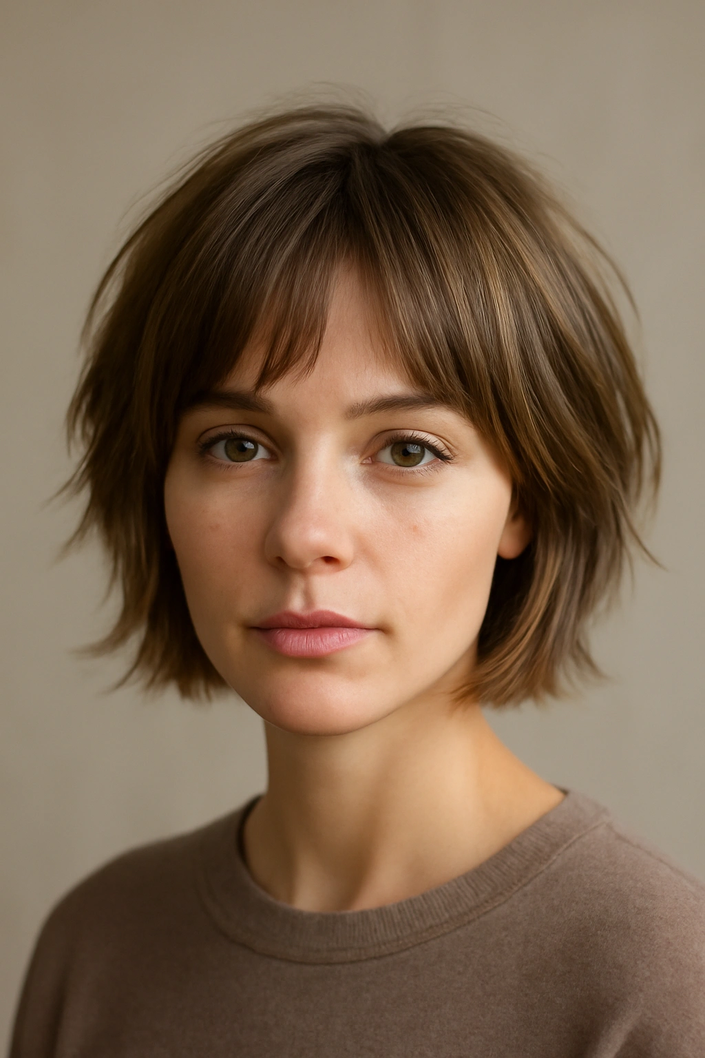 12 Short Layered Haircuts With Bangs That Actually Work 13 Close-up portrait of a person with a short layered haircut with bangs showing texture and silhouette