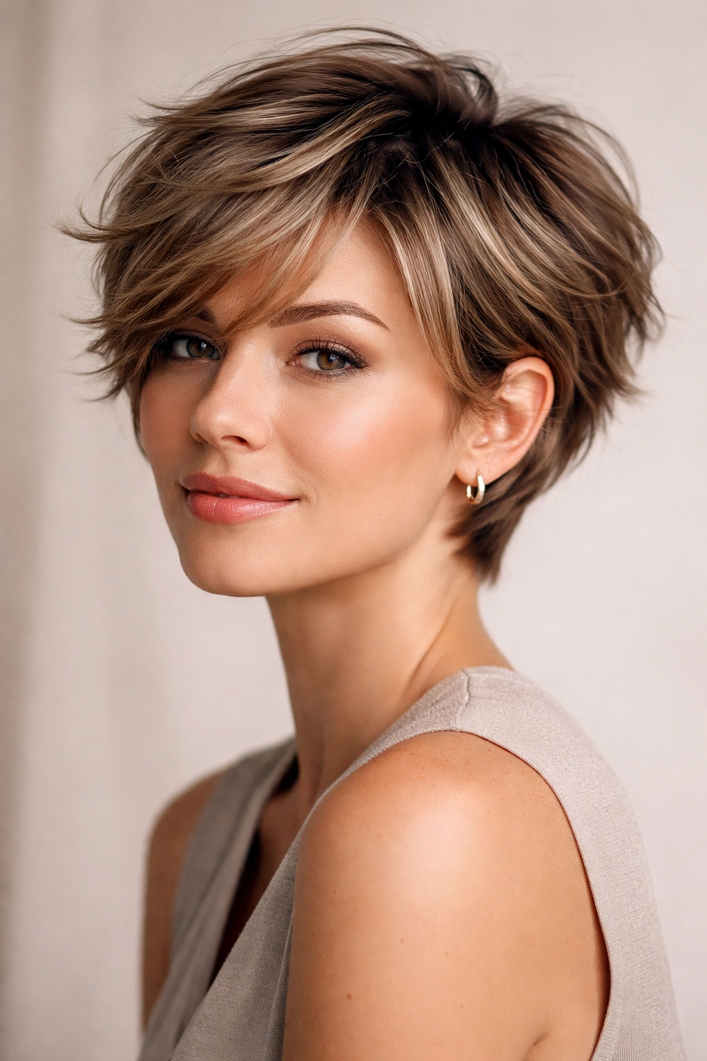 Close-up portrait of a person with a short layered haircut in studio lighting emphasizing hair texture