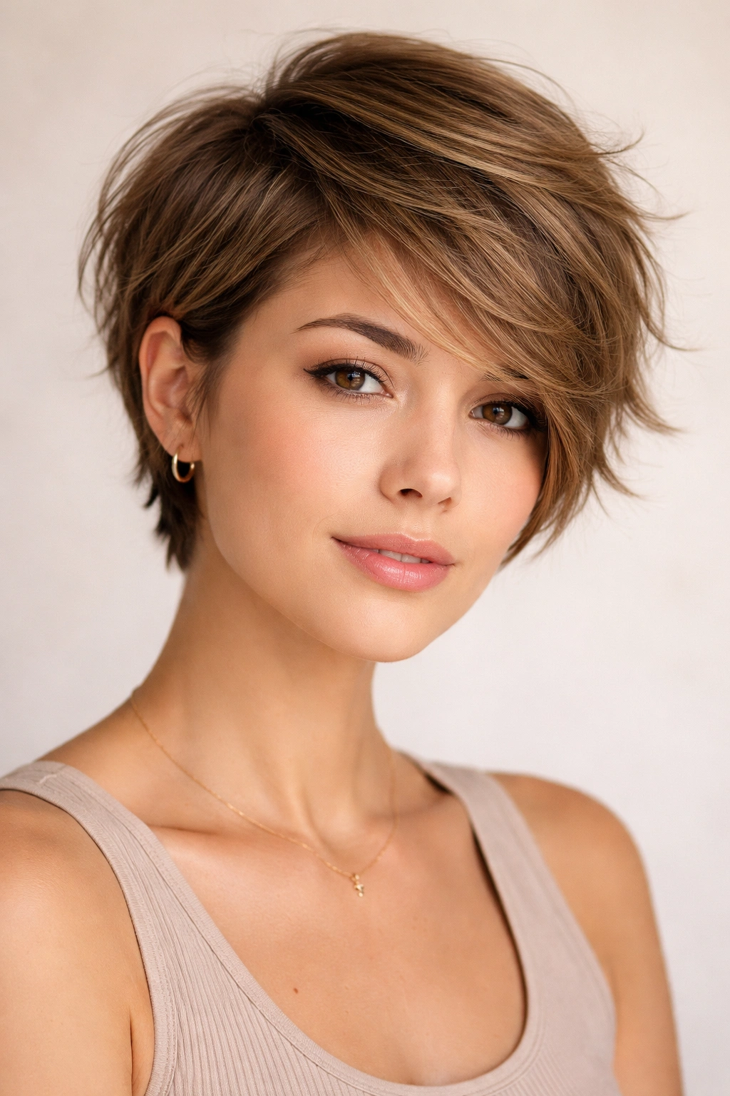 10 Short Haircuts That Help Control Frizzy Hair 7 Close-up of a short layered hairstyle with side-swept layers emphasizing movement and frizz control