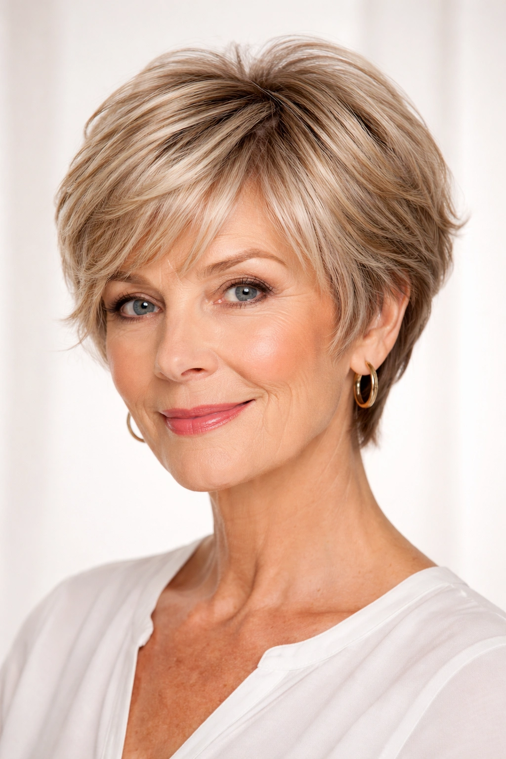 Short layered cut for fine hair with subtle highlights