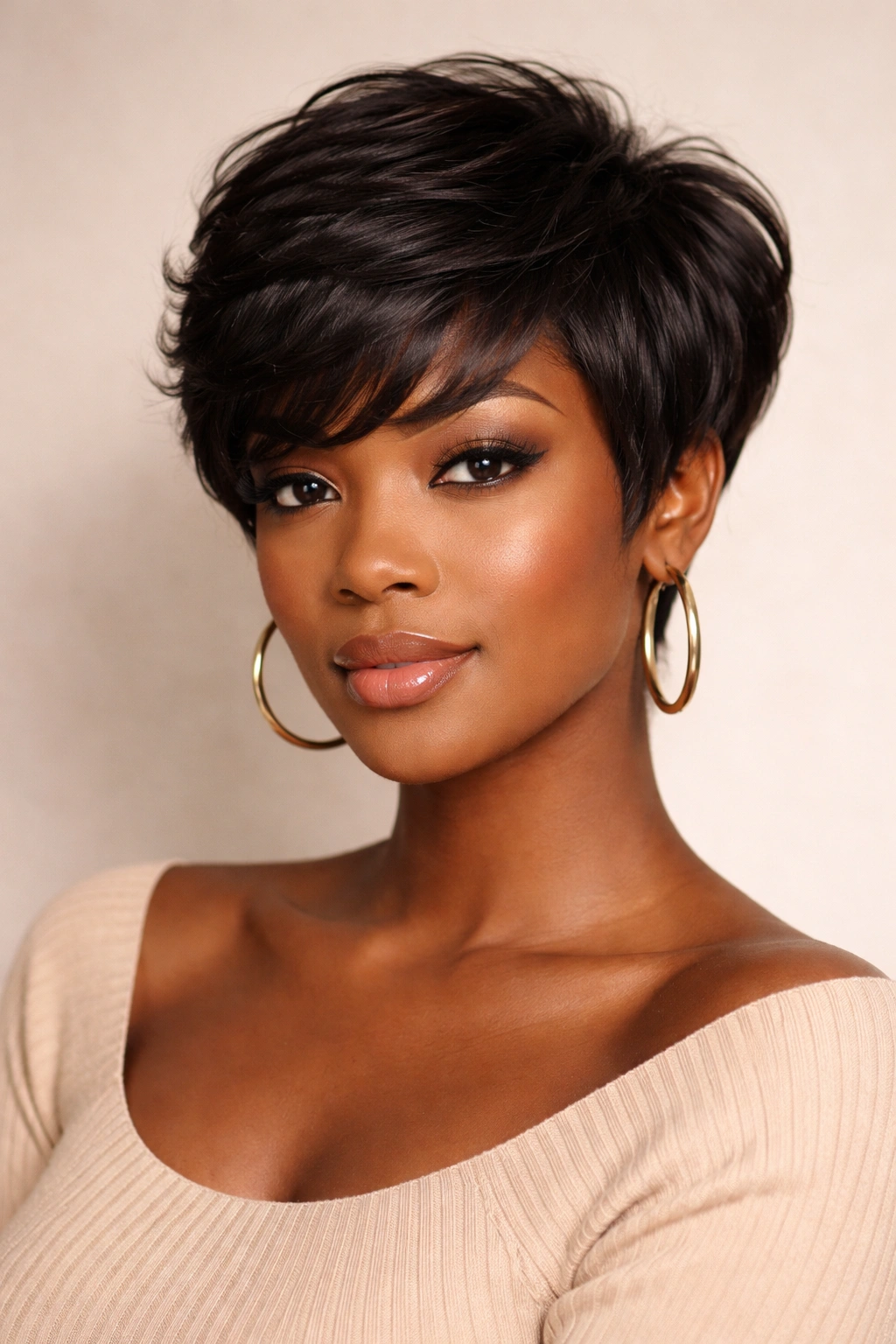 Black woman with short layered sew-in showing movement and volume