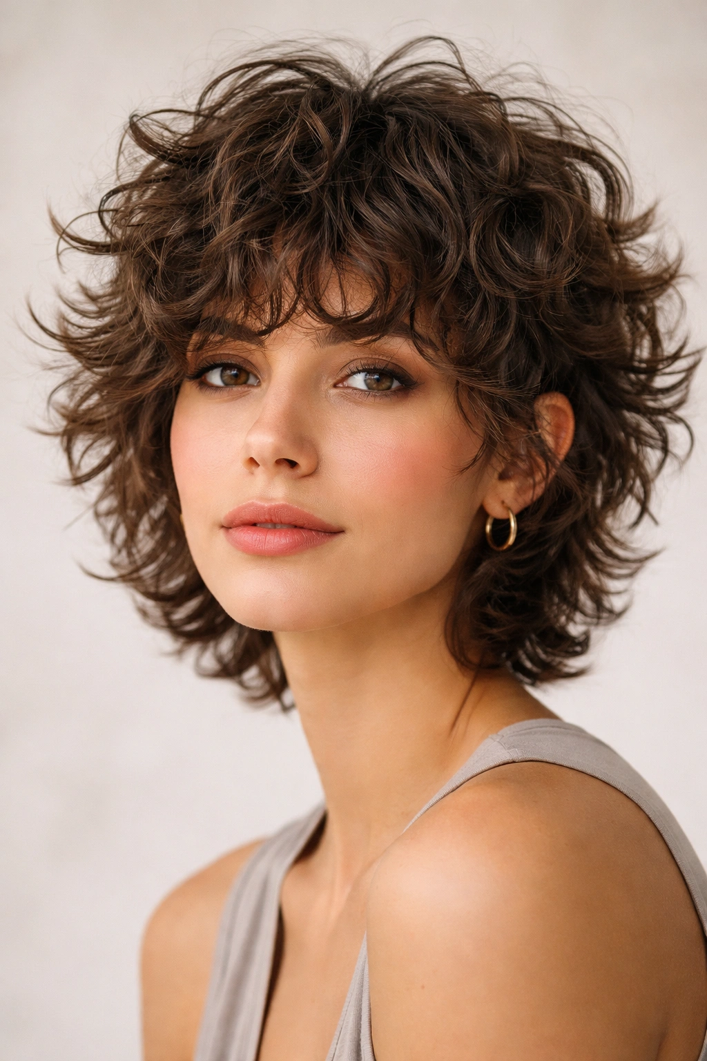 Close-up of a person with a short layered shag hairstyle highlighting choppy curls and feathered sides