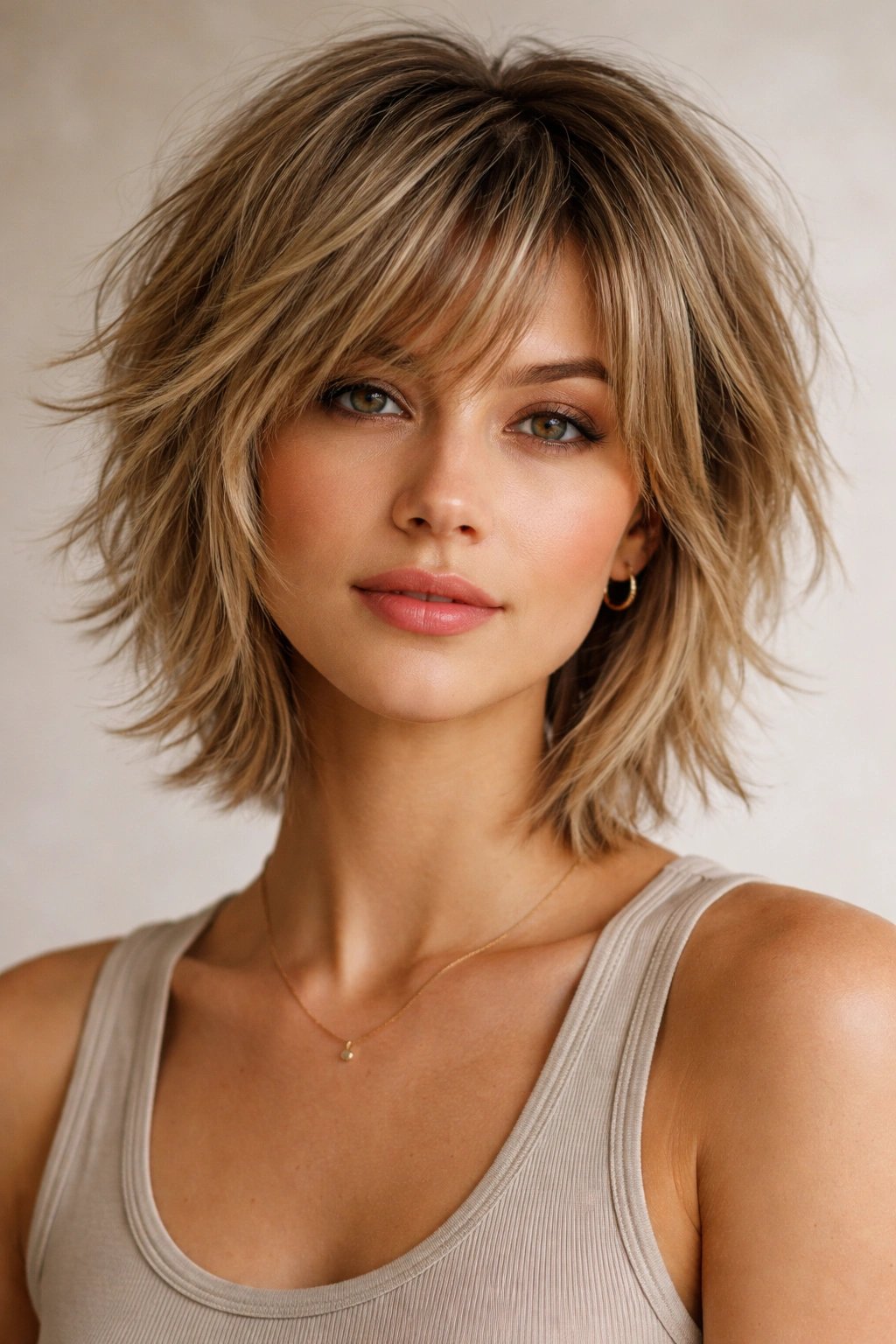 25 Short Haircuts Women Can T Stop Asking For 22 Portrait of a person with a short layered shag showing defined layers and texture.