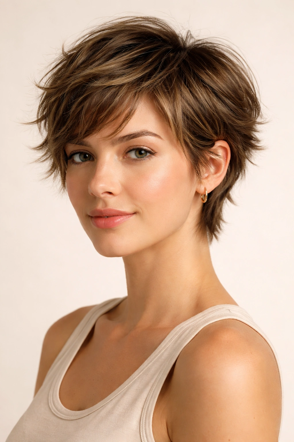Head-and-shoulders view of all-over layered short hair