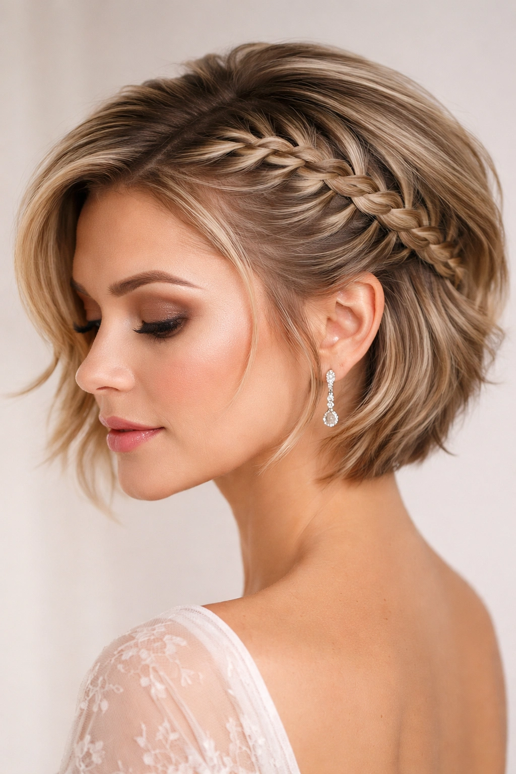 Short layered hair with a tight Dutch braid wrapped around to the temple.