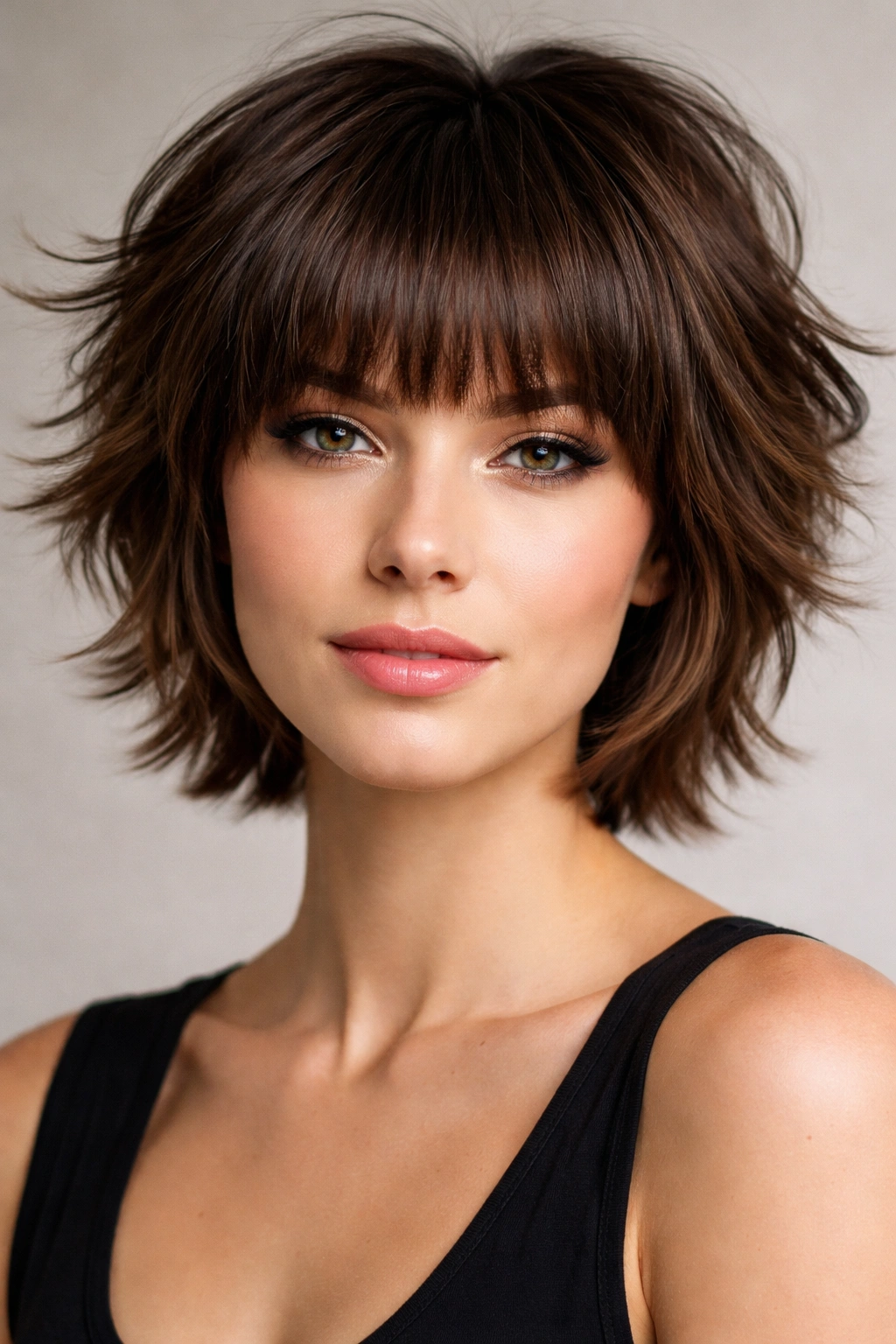 Portrait of short layered fringed hairstyle with full fringe