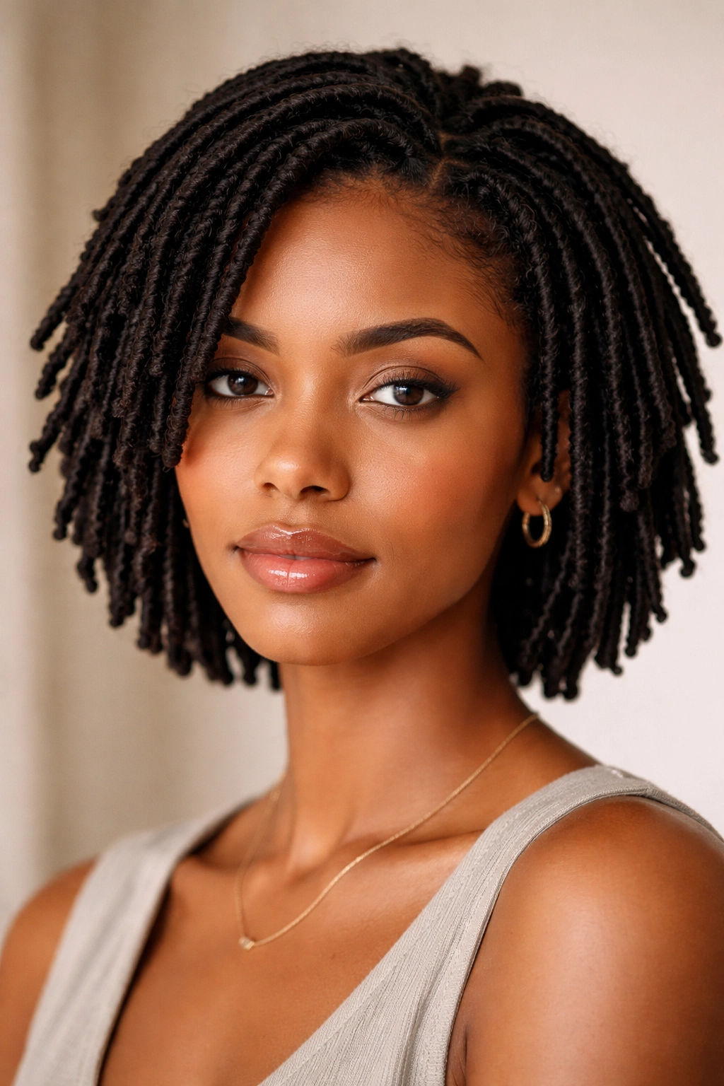 Close-up of chin-length short locs with sculptural texture.