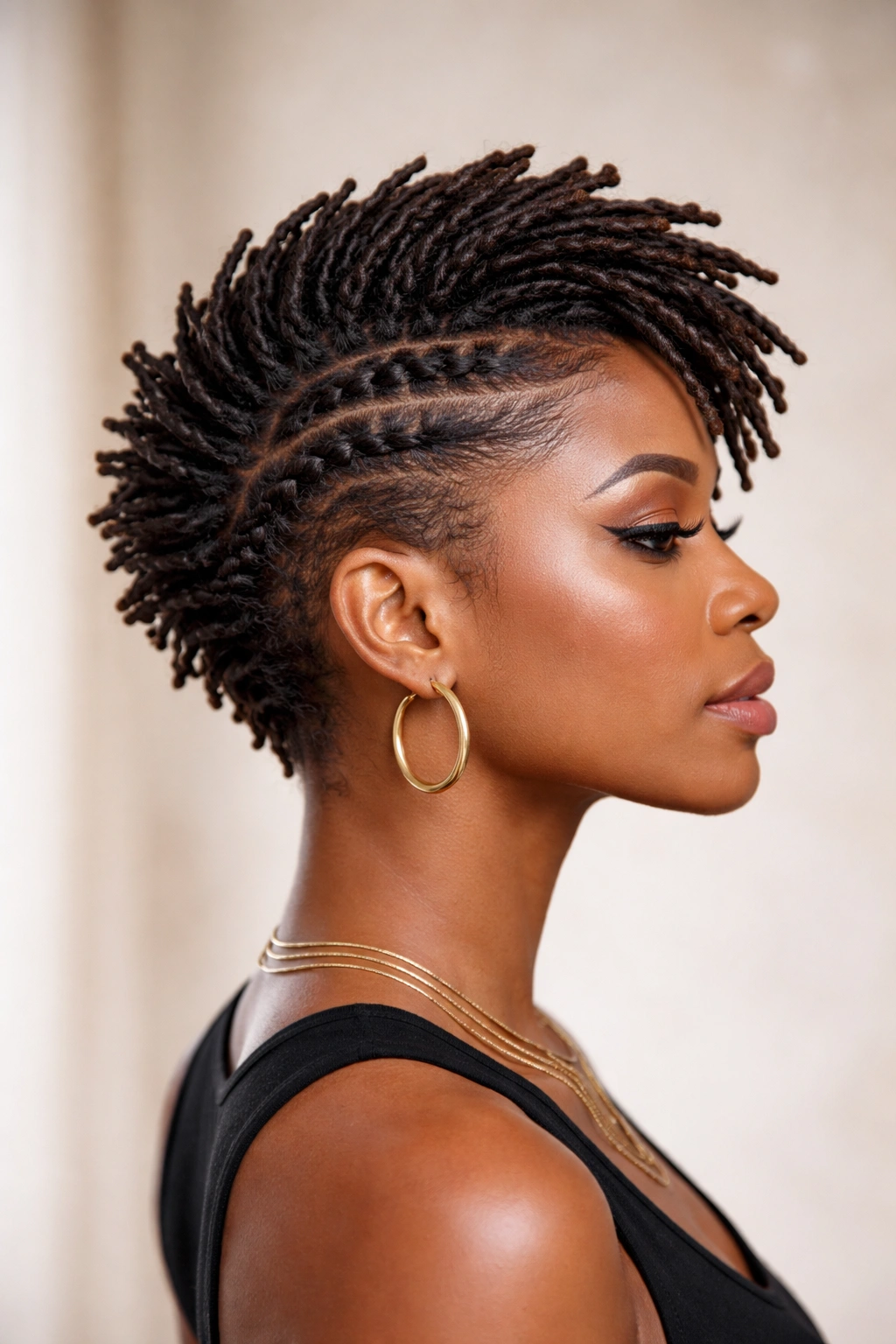 Side profile of short locs with a faux hawk for a defined, sculptural look