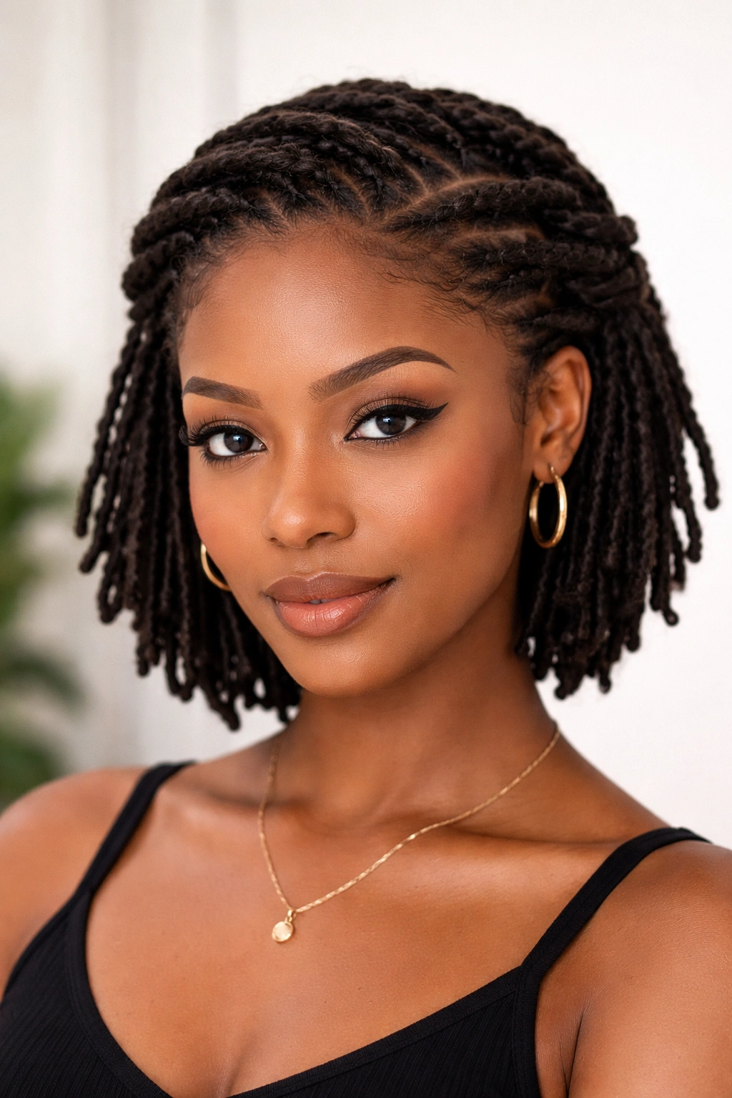Short neck-length locs arranged into a flat twist crown