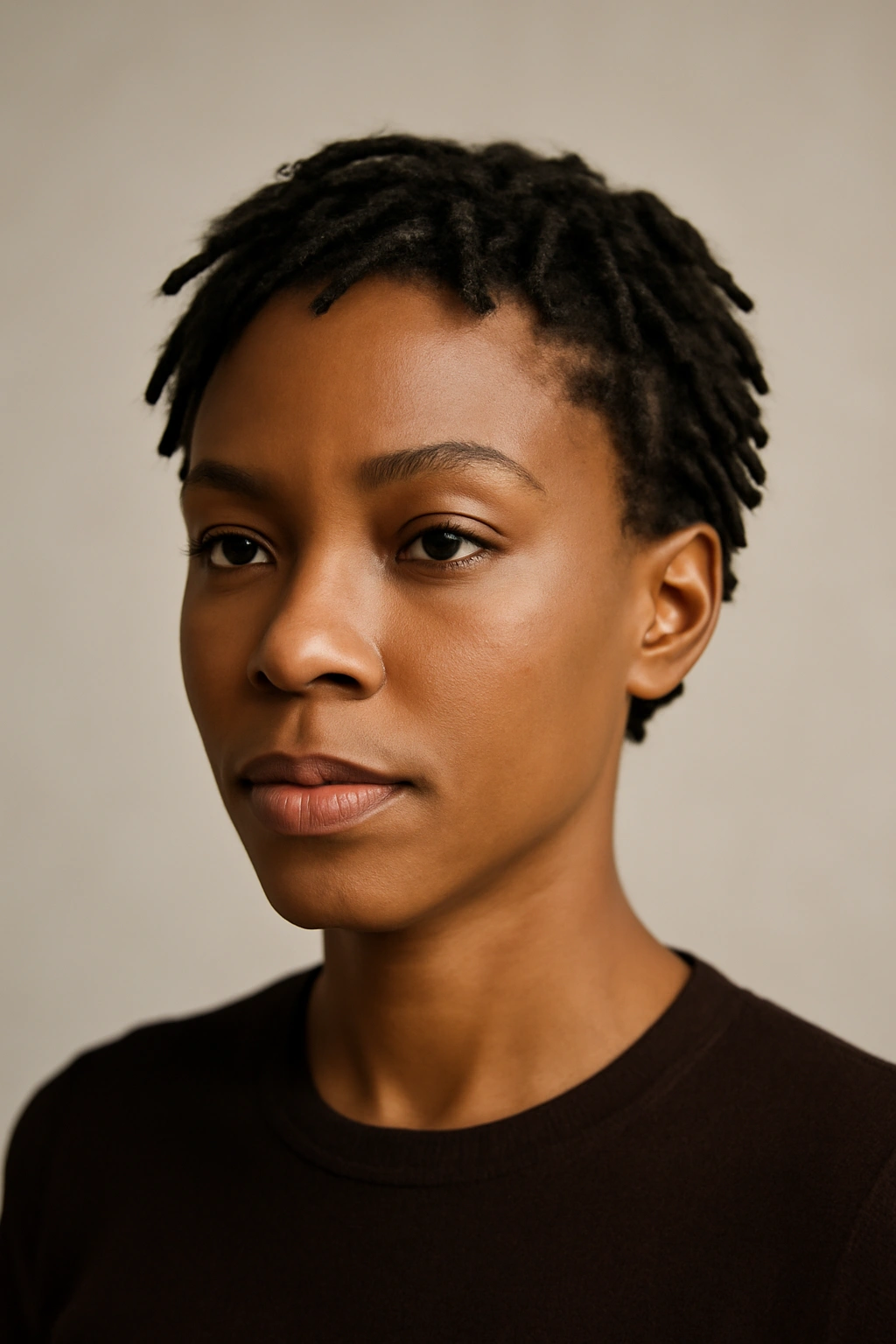 10 Short Haircuts for Black Women With Fine Hair 4 Portrait of a Black person with short locs showing structured texture