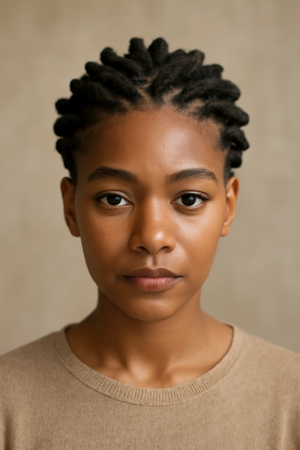 20 Short Natural Hairstyles for Black Women to Save 4 Portrait of a Black woman with short locs styled in a crown.