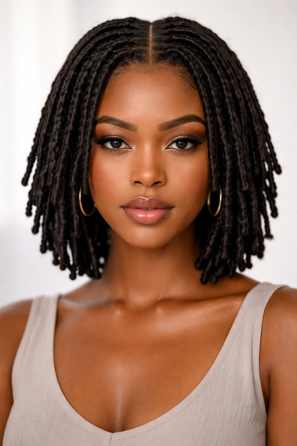 Short locs with middle part showing balanced frame and texture in studio portrait