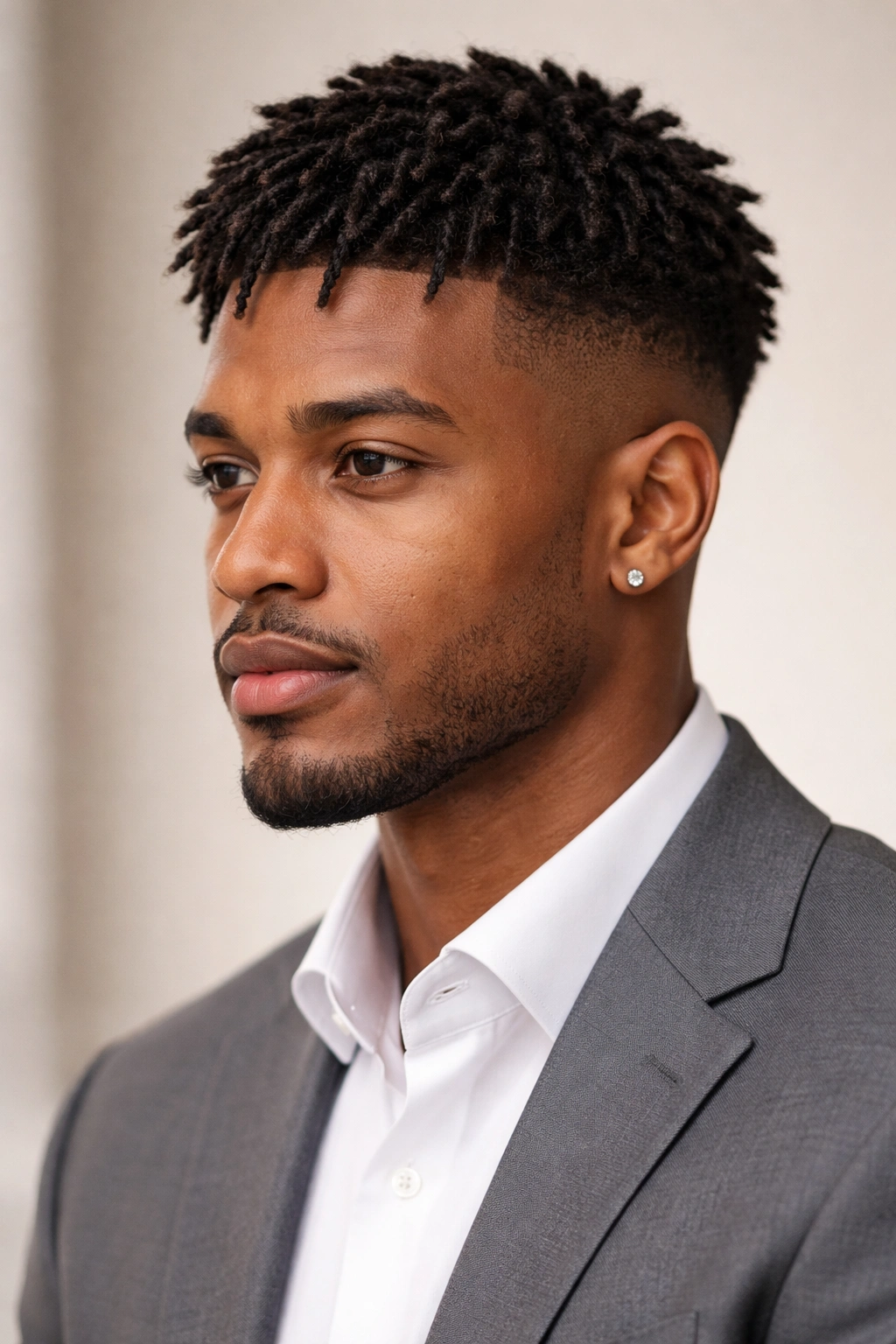 Close-up portrait of short locs with a tapered sides for a professional look