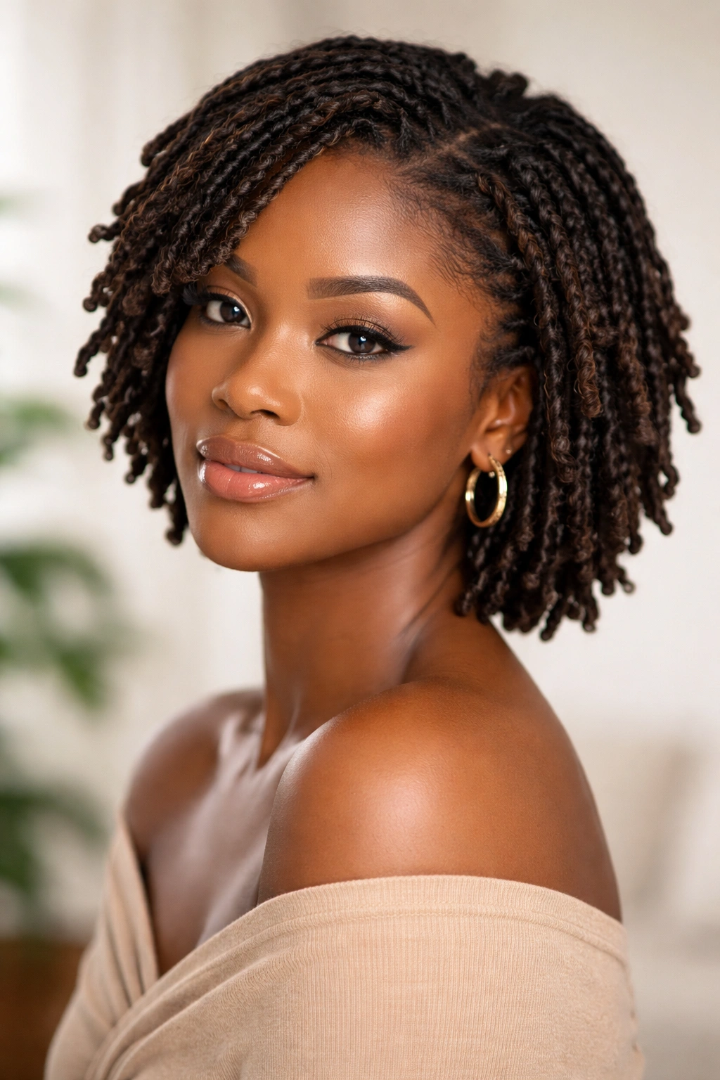 Portrait of a Black woman with short locs or twist-out hairstyle