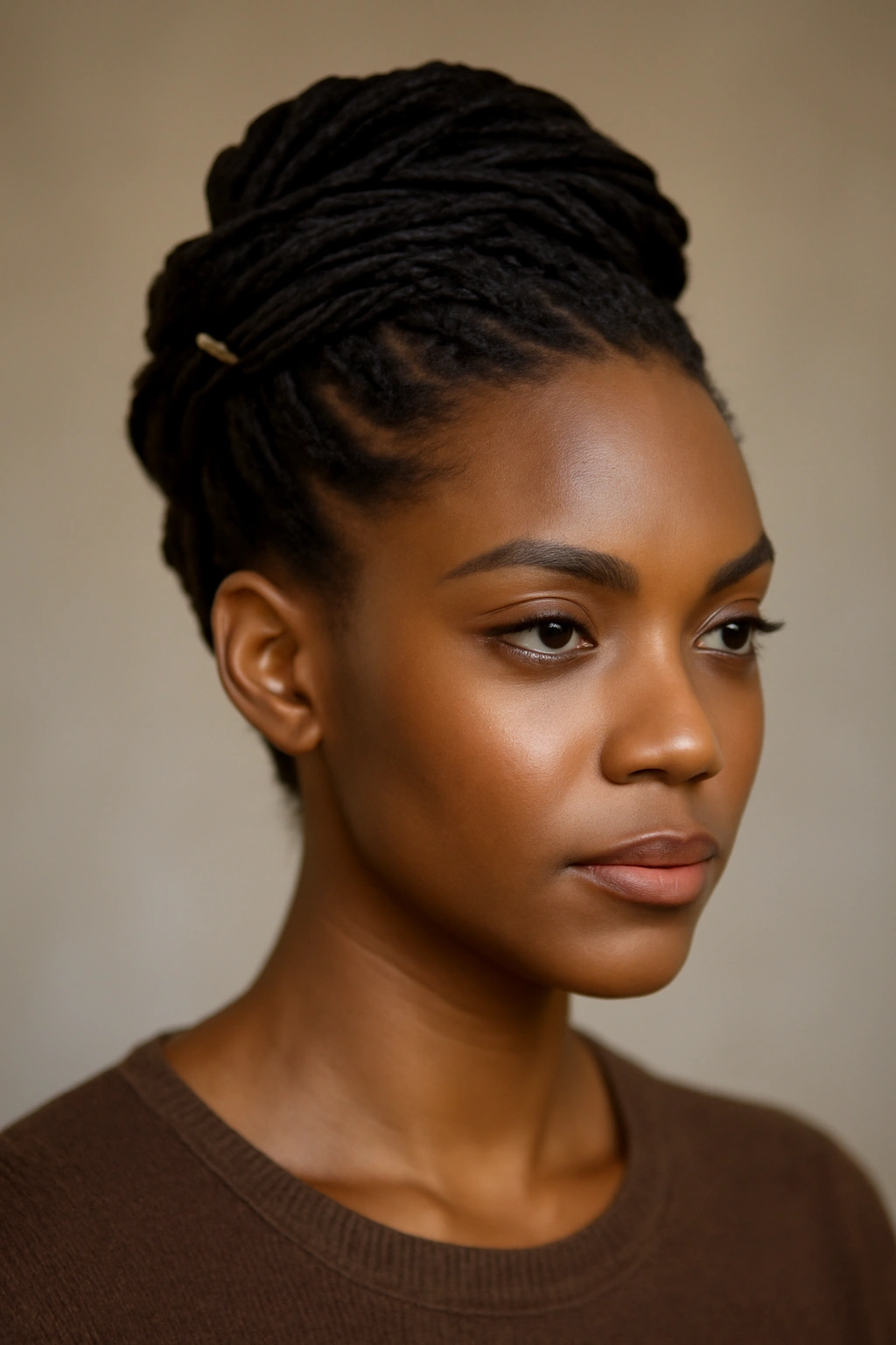 12 Short Loc Styles Women Are Obsessed With Right Now 13 Close-up of short locs styled into a braided updo with bead accents