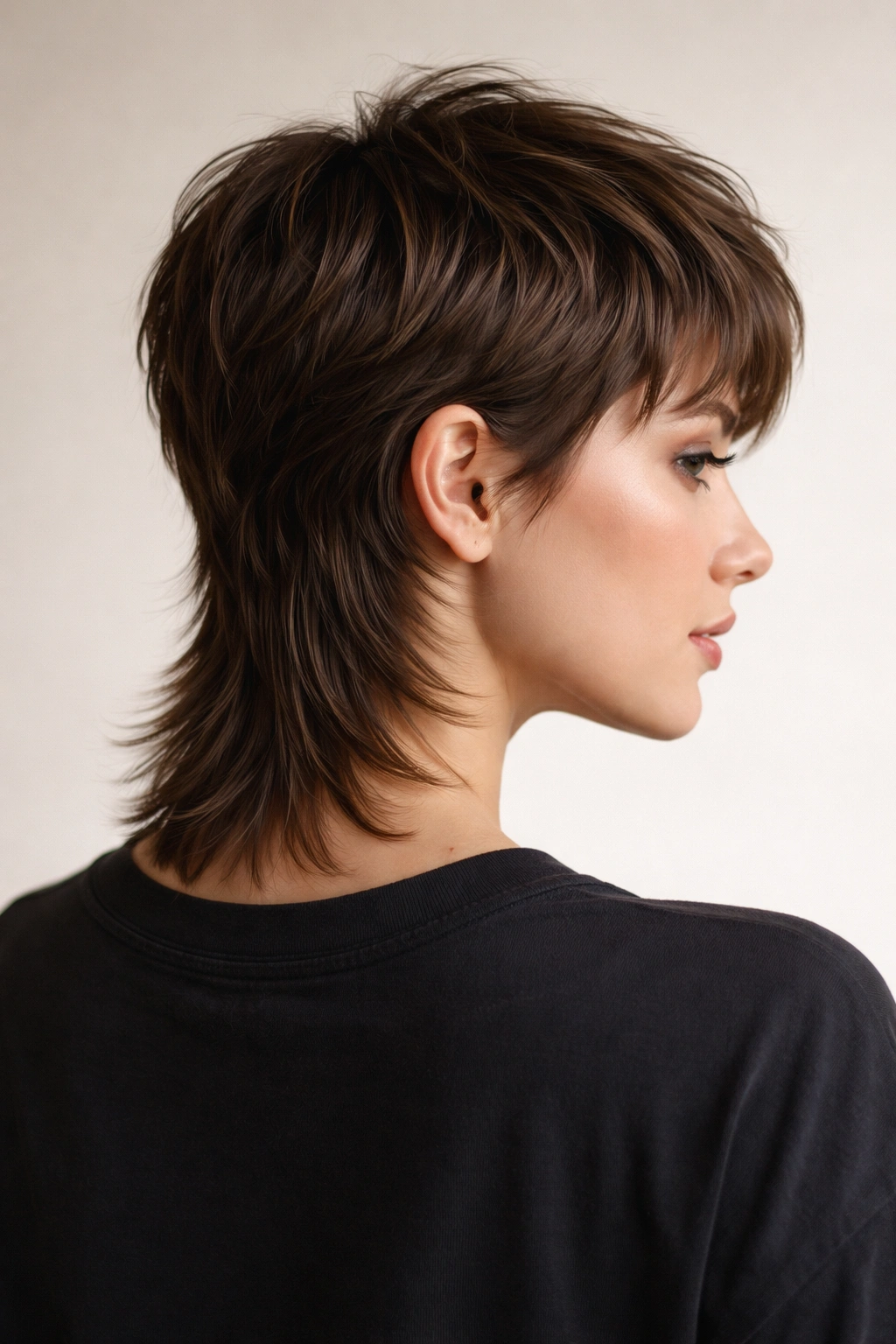 20 Very Short Haircuts That Still Look Feminine 13 Close-up portrait of a short modern mullet with textured top and longer back in studio lighting.