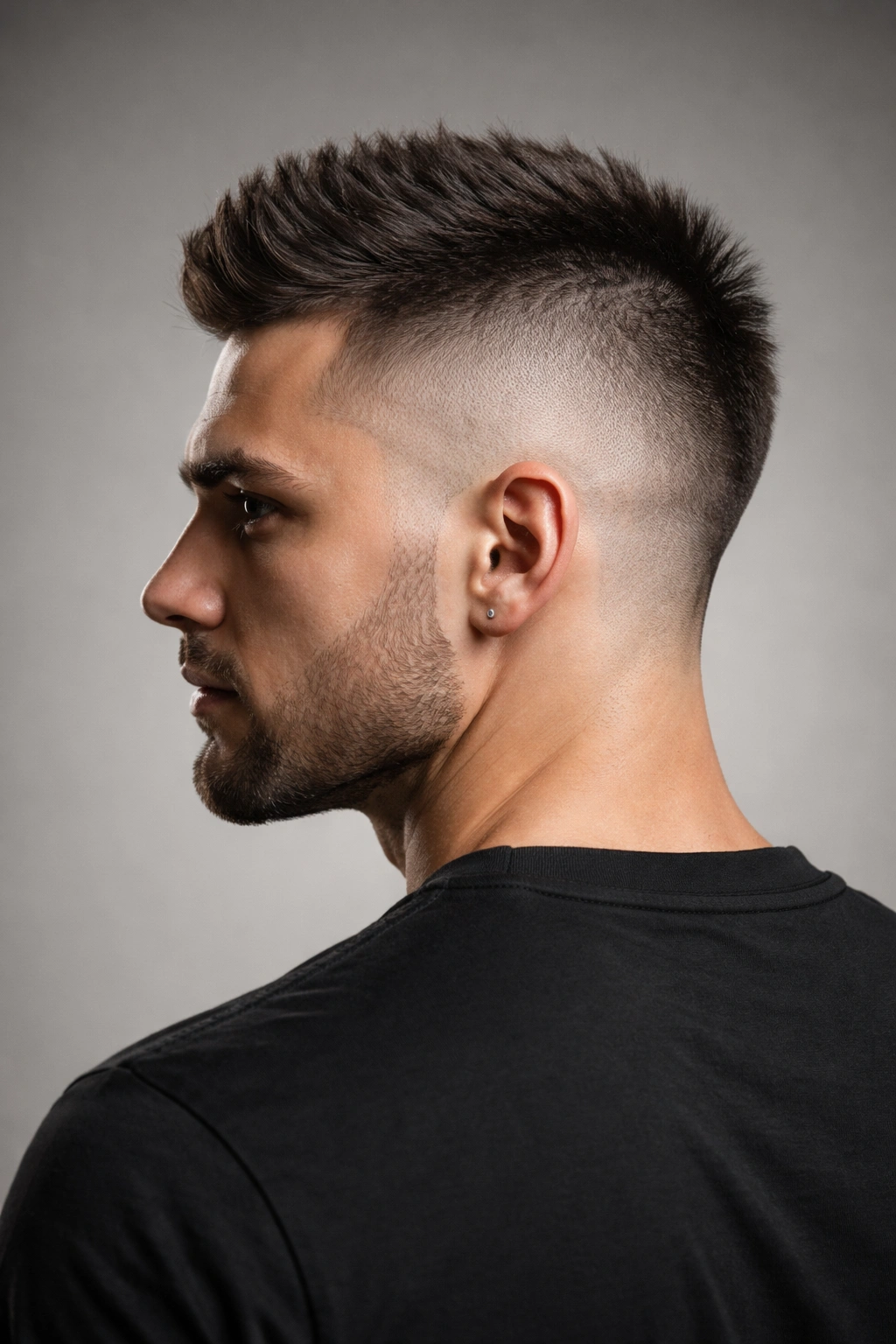 Close-up of male head with a short mohawk fade and slim central strip