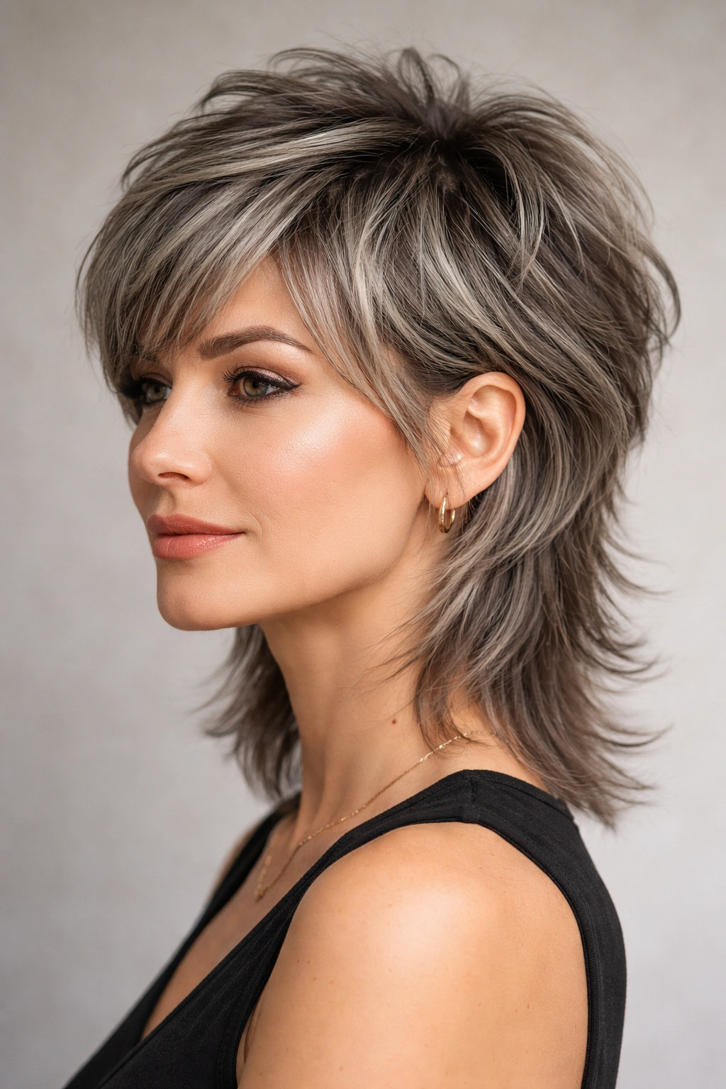 10 Short Haircuts Accented With Soft Gray Highlights 9 Short mullet with soft gray highlights along the layers for dimension.