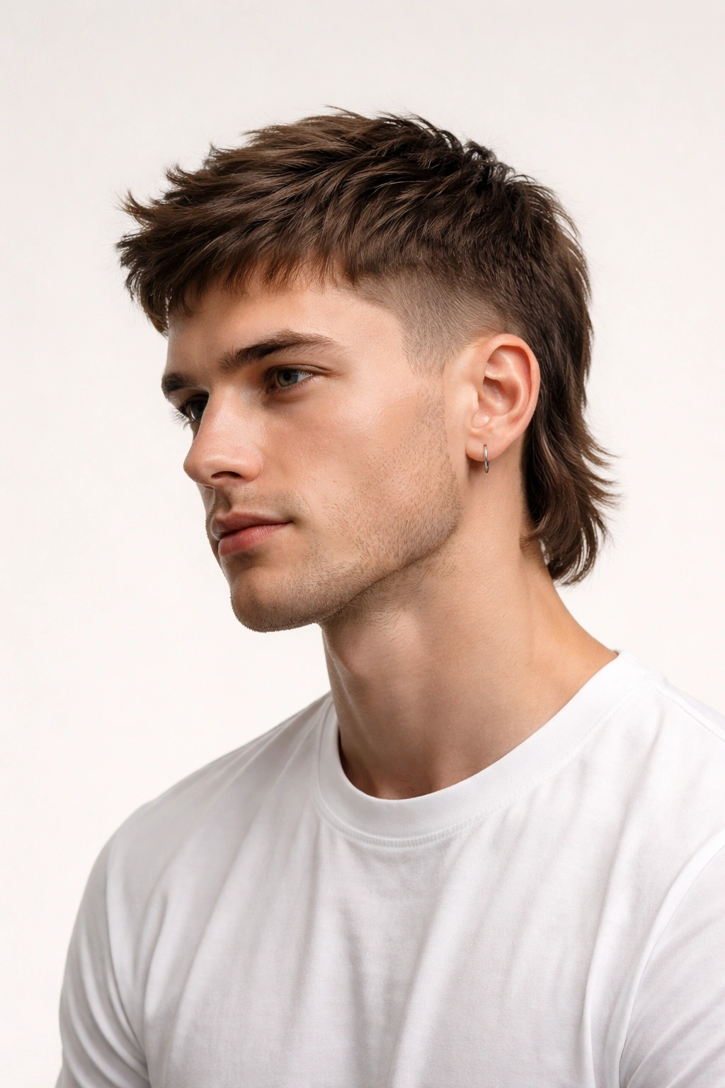 Portrait of a short mullet with minimal back length and trimmed sides