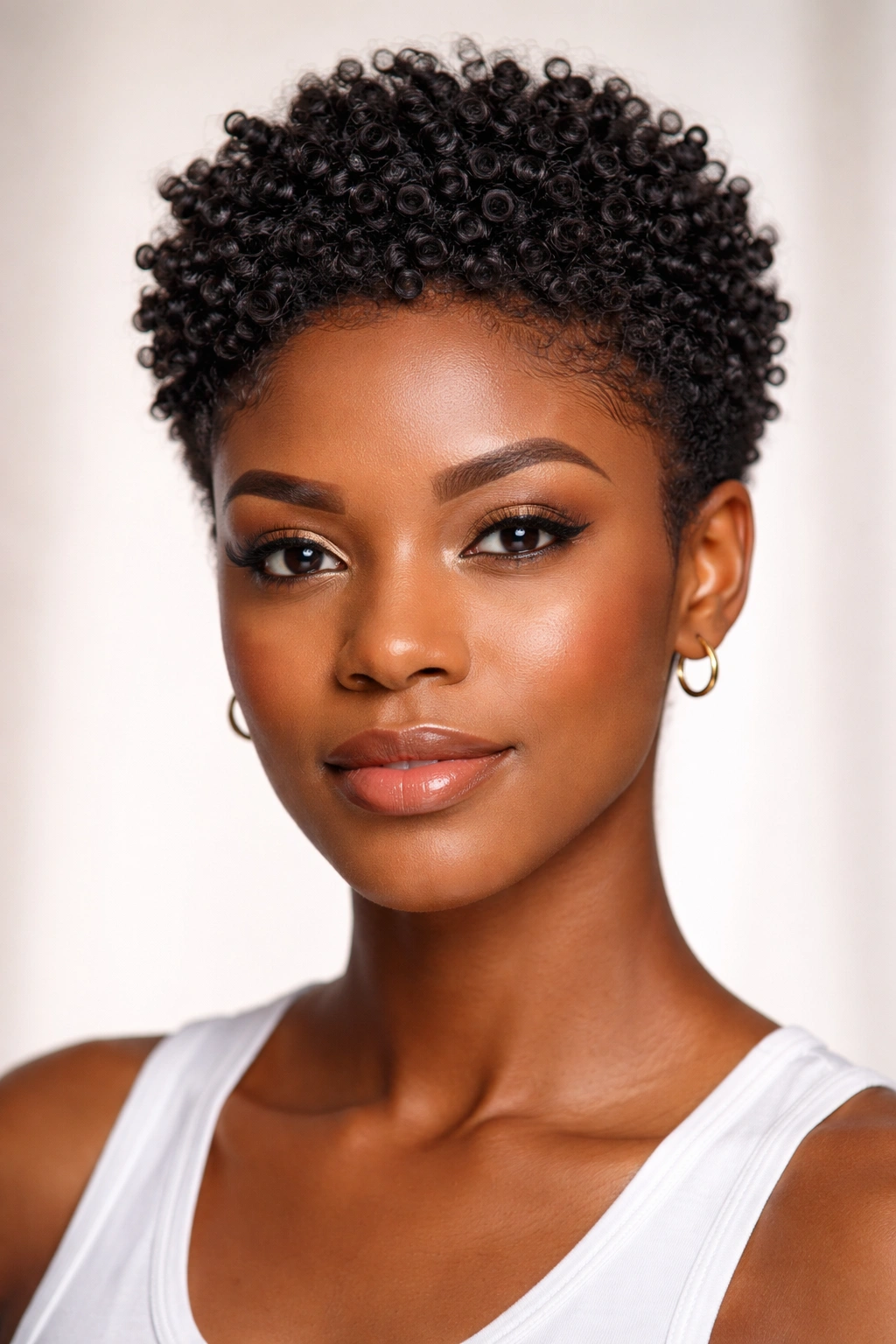 Black woman with a short natural cut and defined coils.