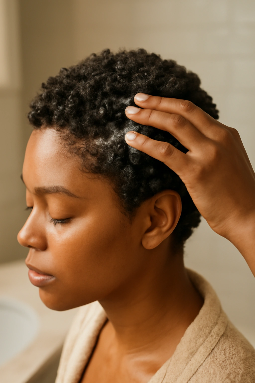 Short Natural Haircuts for Coily and Curly Textures 10 Hands applying leave-in conditioner to short curly hair