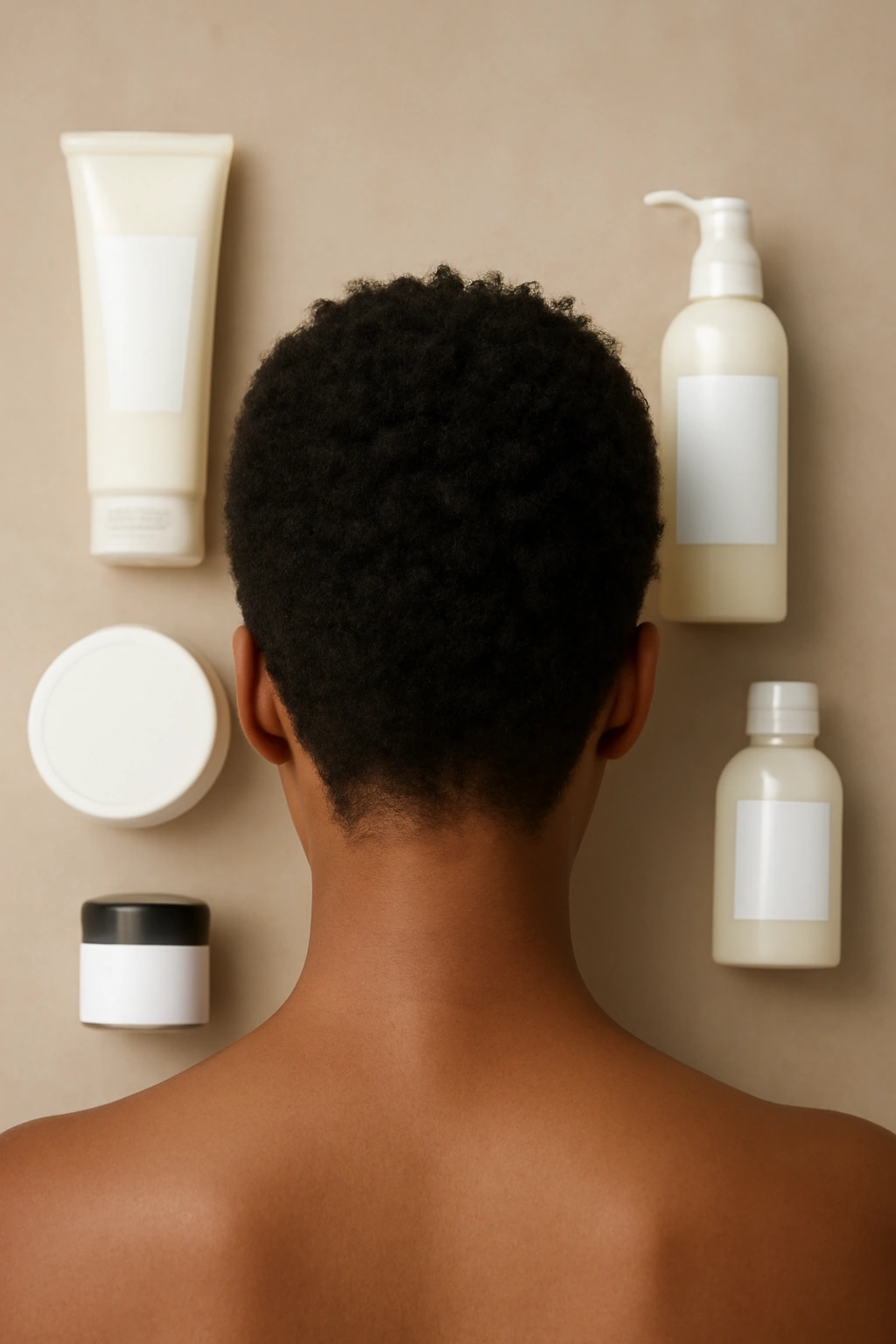 Short Natural Haircuts for Coily and Curly Textures 14 Flat lay of unlabeled hair care products around a short natural hairstyle
