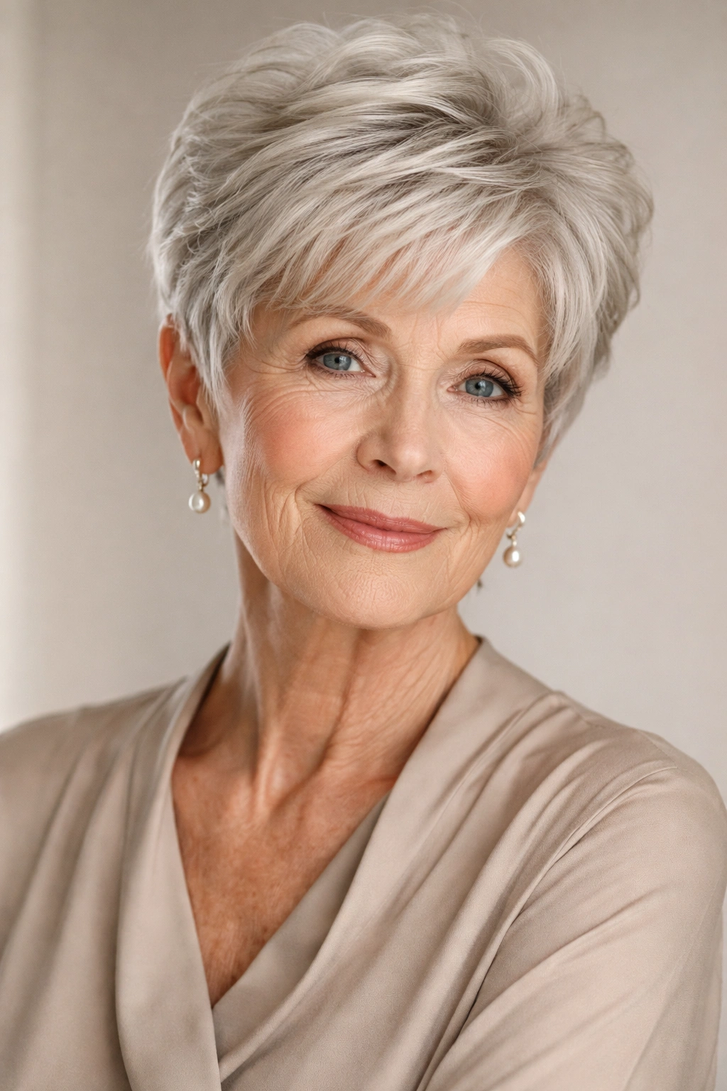 Close-up of an elderly woman with a textured short pixie hairstyle highlighting modern grooming for seniors